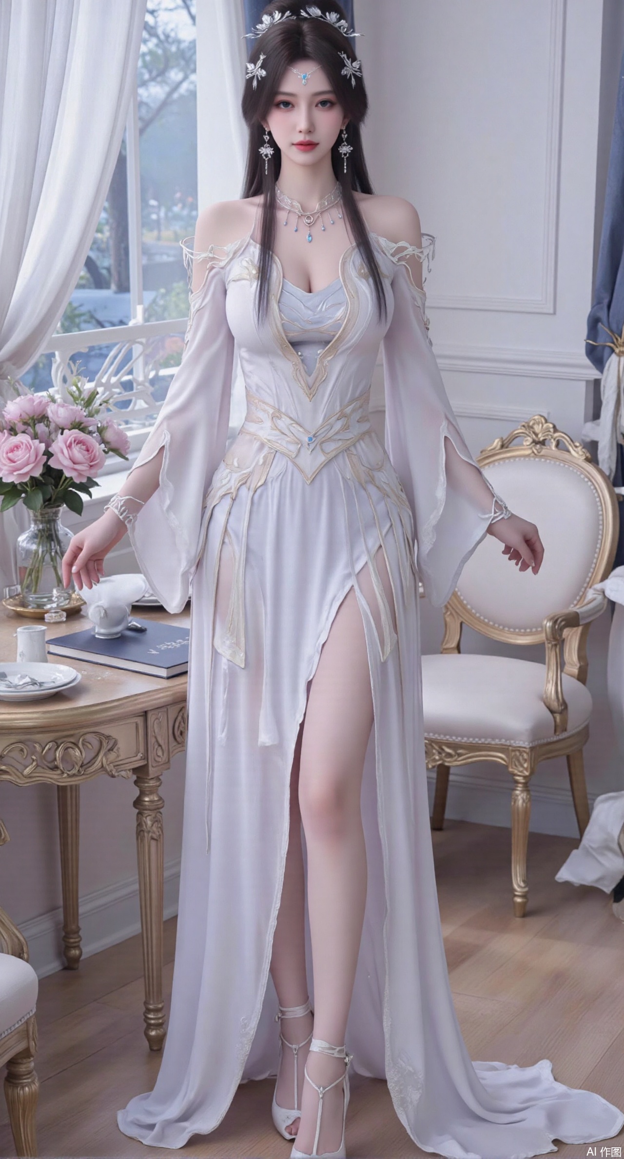 (masterpiece:1.2),Ultra clear, wallpaper, 8k, masterpiece, 1girl, solo, long hair, breasts, looking at viewer, bangs, large breasts,long dress,, bare shoulders, jewelry, black hair, standing, purple eyes, full body, flower, thighs, indoors, hair bun, long dress, high heels, cup, see-through, book, bare legs, window, table, white footwear, standing on one leg, curtains, pink flower, side slit, vase, ,(huge breasts:2.99),(full breasts:2.99),phone screen,,XyunyunXY,Xmeining,Xjiangziyue,Xweinina,Xyunxiao,Xxiaoqingxue,Xlenhuan,Xhuajin,Xzixia,Xanmiaoyi