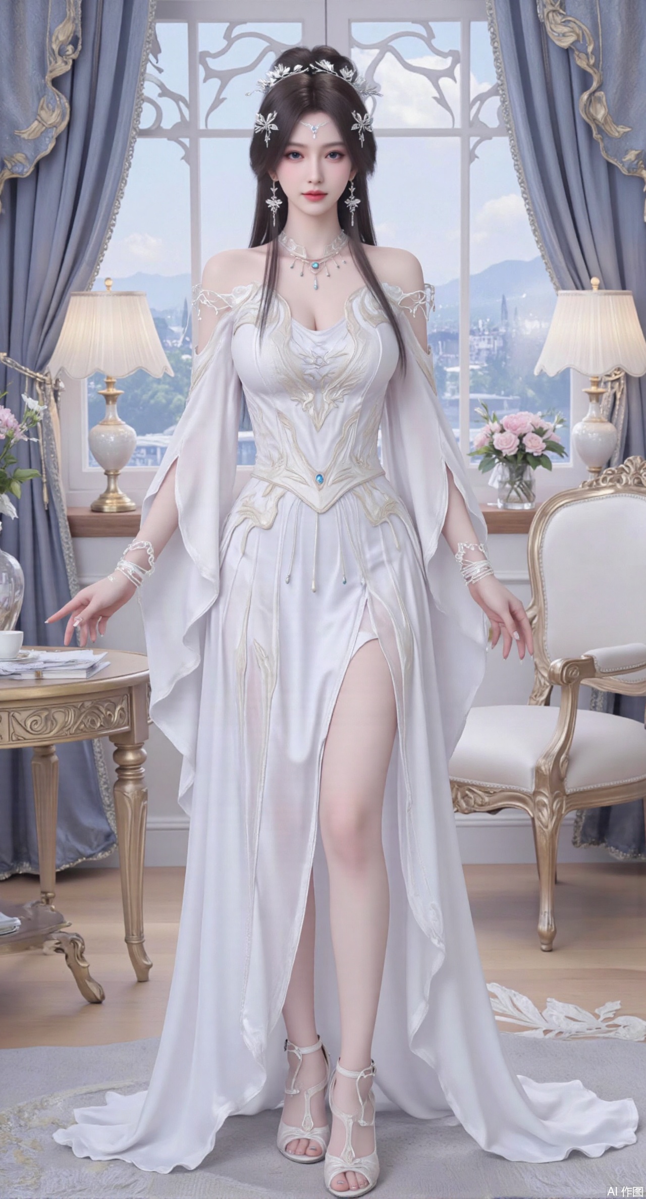 (masterpiece:1.2),Ultra clear, wallpaper, 8k, masterpiece, 1girl, solo, long hair, breasts, looking at viewer, bangs, large breasts,long dress,, bare shoulders, jewelry, black hair, standing, purple eyes, full body, flower, thighs, indoors, hair bun, long dress, high heels, cup, see-through, book, bare legs, window, table, white footwear, standing on one leg, curtains, pink flower, side slit, vase, ,(huge breasts:2.99),(full breasts:2.99),phone screen,,XyunyunXY,Xmeining,Xjiangziyue,Xweinina,Xyunxiao,Xxiaoqingxue,Xlenhuan,Xhuajin,Xzixia,Xanmiaoyi