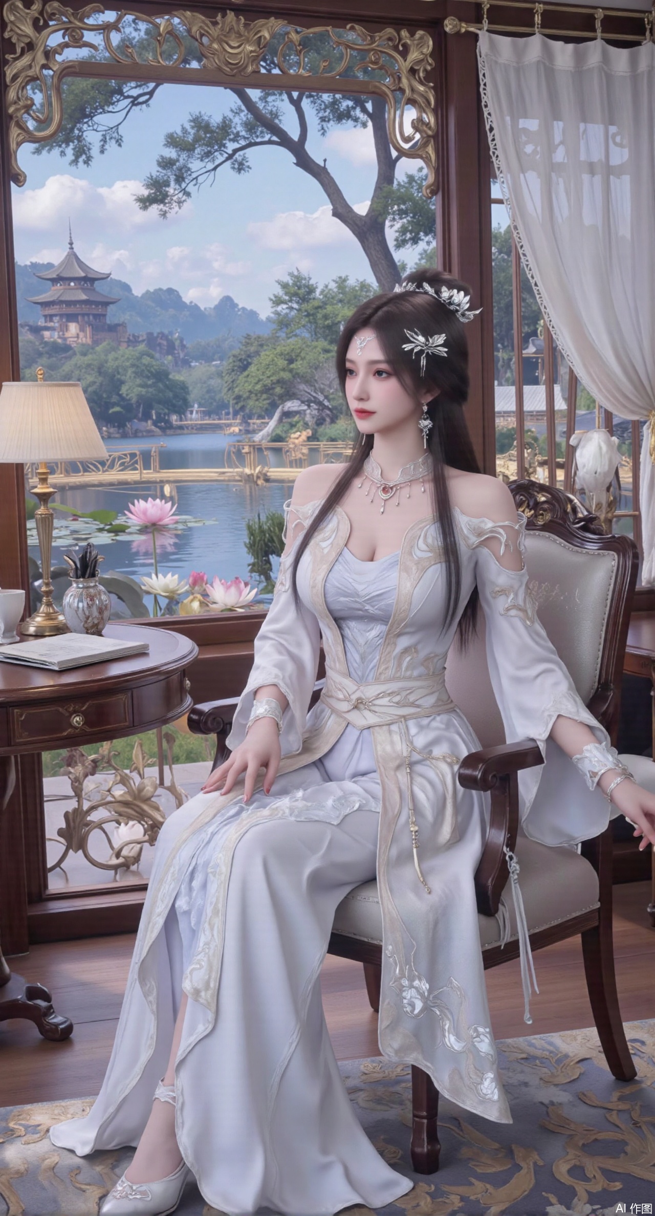 (masterpiece, best quality:1.2),1girl, solo, long dress,Ancient princess's boudoir with bright color palette,,(huge breasts:2.59),(full breasts:2.39), Hanfu-clad maiden sitting by latticed window desk in romantic daydreaming posture, classical Chinese garden through window showcasing lotus pond filled with blooming pink and white lotuses, delicate ink-wash painting style, interior featuring rosewood furniture with mother-of-pearl inlay, silk curtains fluttering in breeze, porcelain stationery set on desk, distant view of curved bridges and pavilions in garden, ultra HD rendering with crisp details on embroidered garments and translucent lotus petals,,(huge breasts:2.99),(full breasts:2.99),,,XyunyunXY,Xmeining,Xjiangziyue,Xweinina,Xyunxiao,Xxiaoqingxue,Xlenhuan,Xhuajin,Xzixia,Xanmiaoyi