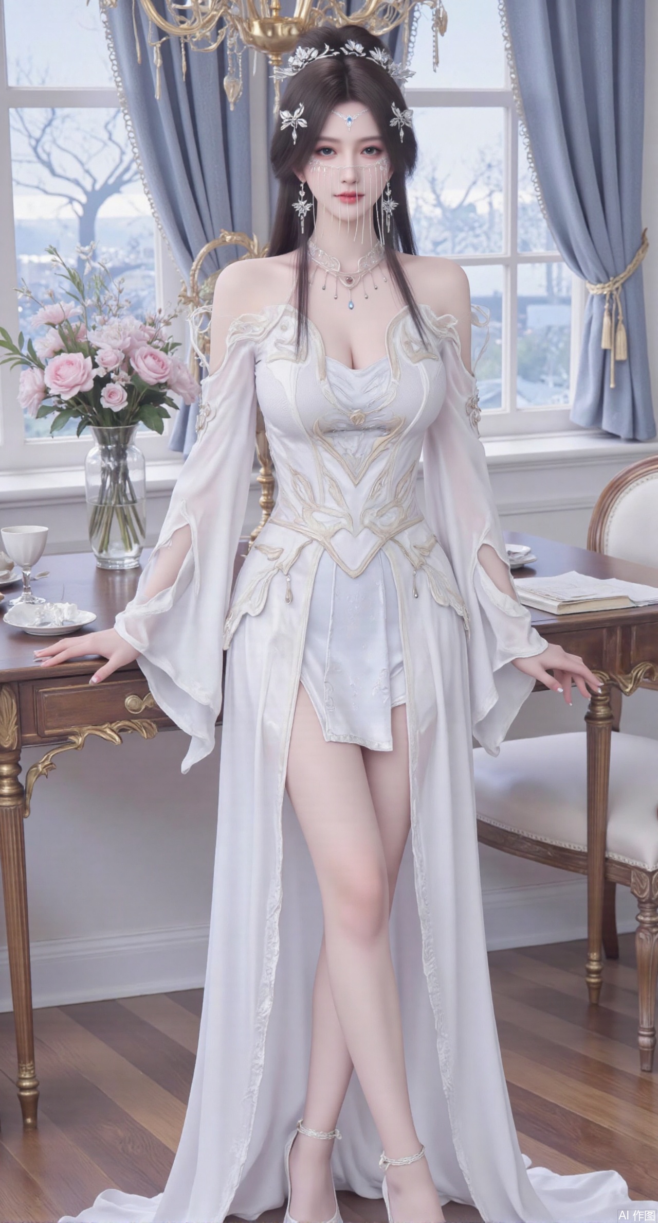 (masterpiece:1.2),Ultra clear, wallpaper, 8k, masterpiece, 1girl, solo, long hair, breasts, looking at viewer, bangs, large breasts,long dress,, bare shoulders, jewelry, black hair, standing, purple eyes, full body, flower, thighs, indoors, hair bun, long dress, high heels, cup, see-through, book, bare legs, window, table, white footwear, standing on one leg, curtains, pink flower, side slit, vase, ,(huge breasts:2.99),(full breasts:2.99),phone screen,,XyunyunXY,Xmeining,Xjiangziyue,Xweinina,Xyunxiao,Xxiaoqingxue,Xlenhuan,Xhuajin,Xzixia,Xanmiaoyi
