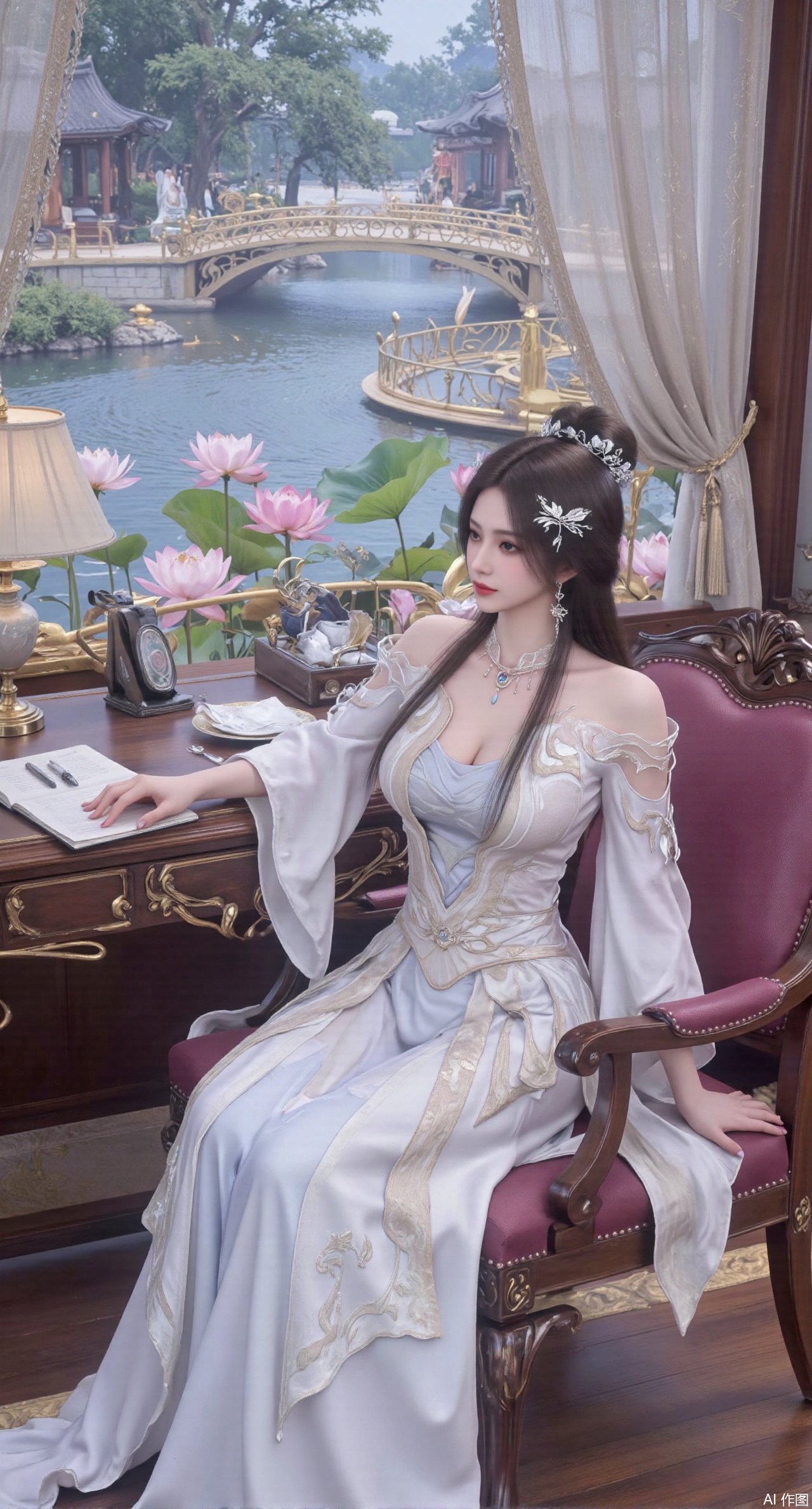 (masterpiece, best quality:1.2),1girl, solo, long dress,Ancient princess's boudoir with bright color palette,,(huge breasts:2.59),(full breasts:2.39), Hanfu-clad maiden sitting by latticed window desk in romantic daydreaming posture, classical Chinese garden through window showcasing lotus pond filled with blooming pink and white lotuses, delicate ink-wash painting style, interior featuring rosewood furniture with mother-of-pearl inlay, silk curtains fluttering in breeze, porcelain stationery set on desk, distant view of curved bridges and pavilions in garden, ultra HD rendering with crisp details on embroidered garments and translucent lotus petals,,(huge breasts:2.99),(full breasts:2.99),,,XyunyunXY,Xmeining,Xjiangziyue,Xweinina,Xyunxiao,Xxiaoqingxue,Xlenhuan,Xhuajin,Xzixia,Xanmiaoyi