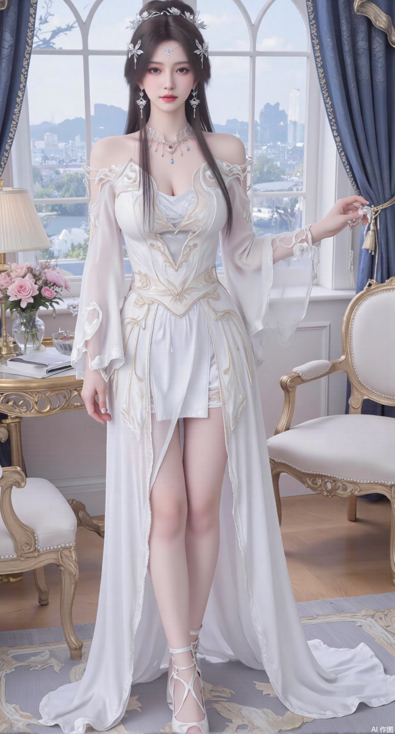 (masterpiece:1.2),Ultra clear, wallpaper, 8k, masterpiece, 1girl, solo, long hair, breasts, looking at viewer, bangs, large breasts,long dress,, bare shoulders, jewelry, black hair, standing, purple eyes, full body, flower, thighs, indoors, hair bun, long dress, high heels, cup, see-through, book, bare legs, window, table, white footwear, standing on one leg, curtains, pink flower, side slit, vase, ,(huge breasts:2.99),(full breasts:2.99),phone screen,,XyunyunXY,Xmeining,Xjiangziyue,Xweinina,Xyunxiao,Xxiaoqingxue,Xlenhuan,Xhuajin,Xzixia,Xanmiaoyi