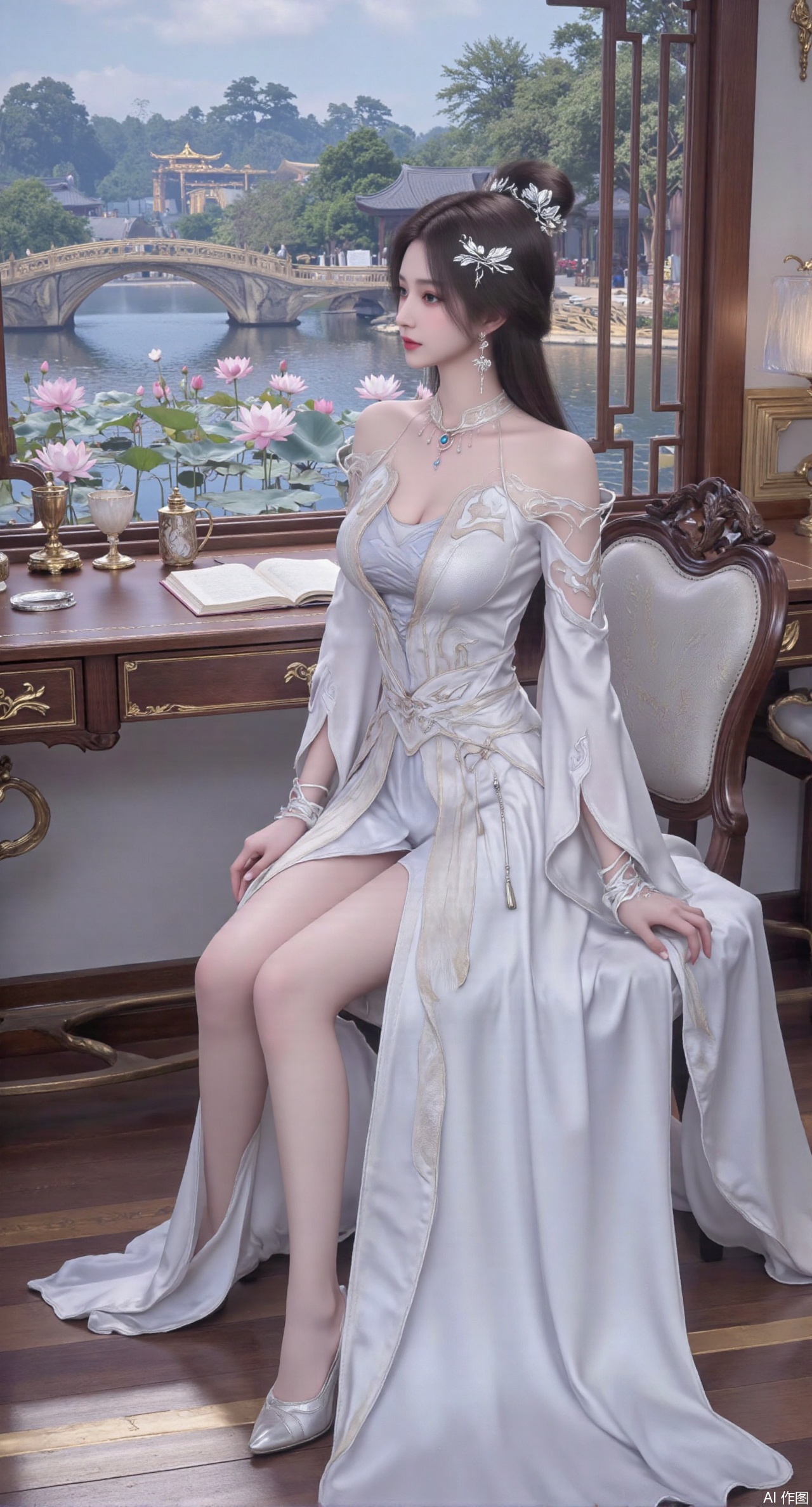 (masterpiece, best quality:1.2),1girl, solo, long dress,Ancient princess's boudoir with bright color palette,,(huge breasts:2.59),(full breasts:2.39), Hanfu-clad maiden sitting by latticed window desk in romantic daydreaming posture, classical Chinese garden through window showcasing lotus pond filled with blooming pink and white lotuses, delicate ink-wash painting style, interior featuring rosewood furniture with mother-of-pearl inlay, silk curtains fluttering in breeze, porcelain stationery set on desk, distant view of curved bridges and pavilions in garden, ultra HD rendering with crisp details on embroidered garments and translucent lotus petals,,(huge breasts:2.99),(full breasts:2.99),,,XyunyunXY,Xmeining,Xjiangziyue,Xweinina,Xyunxiao,Xxiaoqingxue,Xlenhuan,Xhuajin,Xzixia,Xanmiaoyi