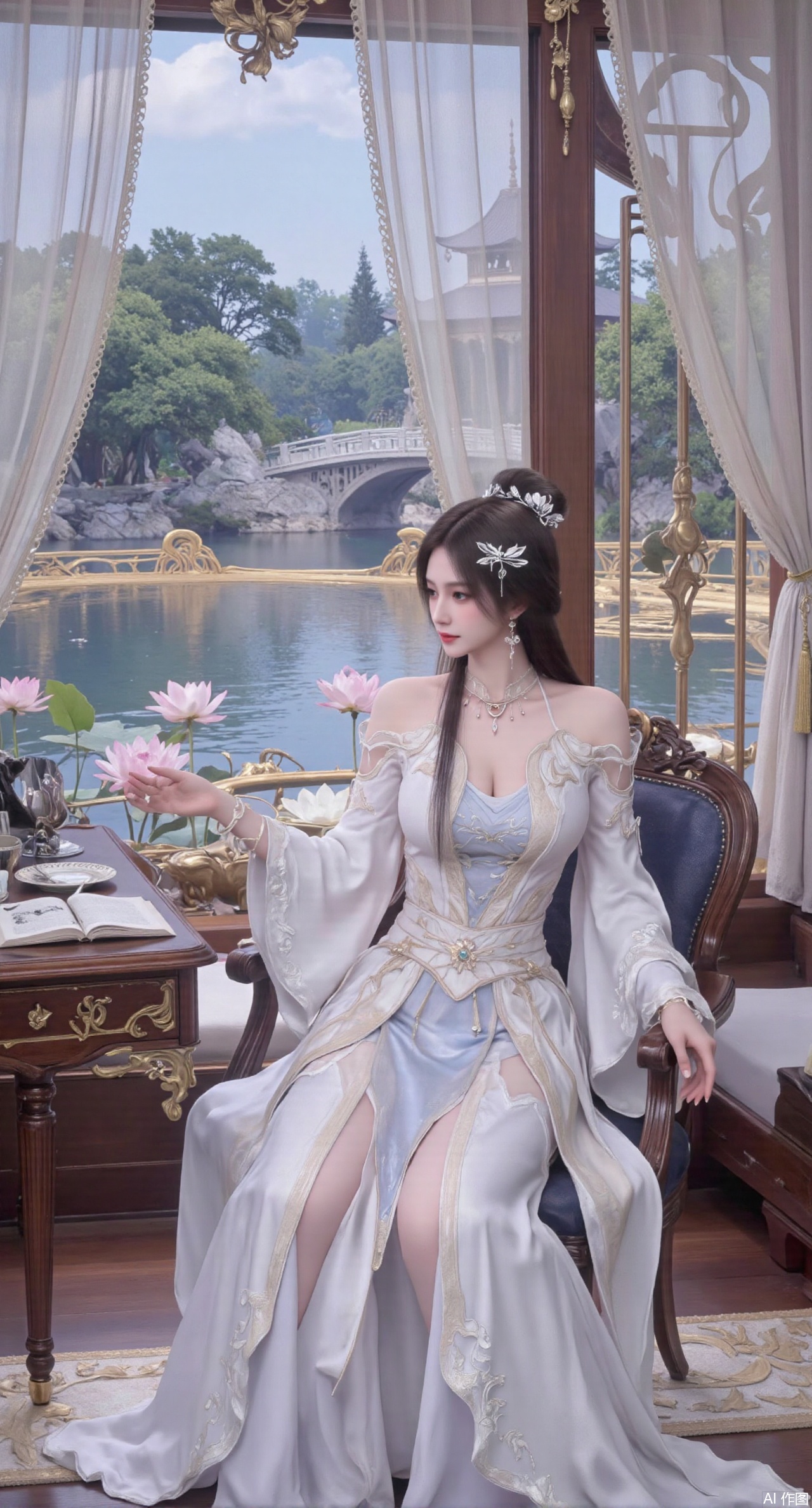 (masterpiece, best quality:1.2),1girl, solo, long dress,Ancient princess's boudoir with bright color palette,,(huge breasts:2.59),(full breasts:2.39), Hanfu-clad maiden sitting by latticed window desk in romantic daydreaming posture, classical Chinese garden through window showcasing lotus pond filled with blooming pink and white lotuses, delicate ink-wash painting style, interior featuring rosewood furniture with mother-of-pearl inlay, silk curtains fluttering in breeze, porcelain stationery set on desk, distant view of curved bridges and pavilions in garden, ultra HD rendering with crisp details on embroidered garments and translucent lotus petals,,(huge breasts:2.99),(full breasts:2.99),,,XyunyunXY,Xmeining,Xjiangziyue,Xweinina,Xyunxiao,Xxiaoqingxue,Xlenhuan,Xhuajin,Xzixia,Xanmiaoyi