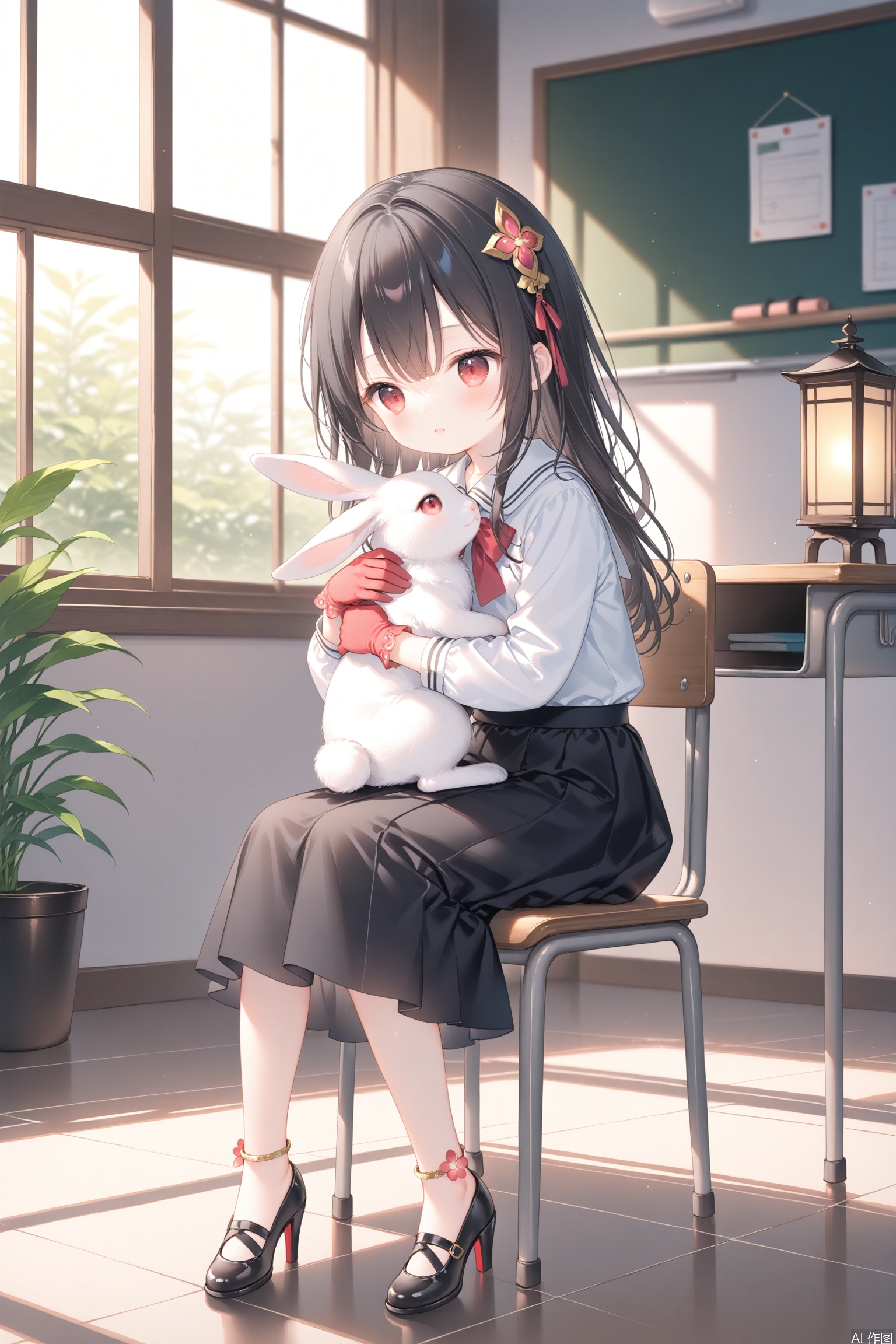 age_down,masterpiece,best quality,high quality,loli,Lingsha, 1girl, solo, long hair, breasts, bangs, black hair, hair ornament, red eyes, gloves, sitting, full body, flower,School uniforms, long skirts, high heels, red gloves, rabbit, lantern,anklet,long sleeves,indoors,classroom,Embrace with both arms,depth of field,cxdistill6