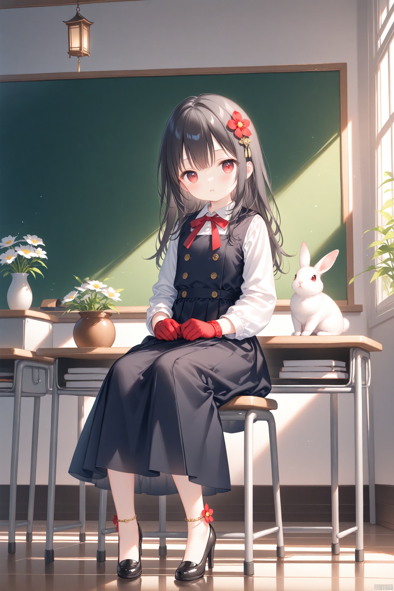 age_down,masterpiece,best quality,high quality,loli,Lingsha, 1girl, solo, long hair, breasts, bangs, black hair, hair ornament, red eyes, gloves, sitting, full body, flower,School uniforms, long skirts, high heels, red gloves, rabbit, lantern,anklet,long sleeves,indoors,classroom,Embrace with both arms,depth of field,cxdistill6