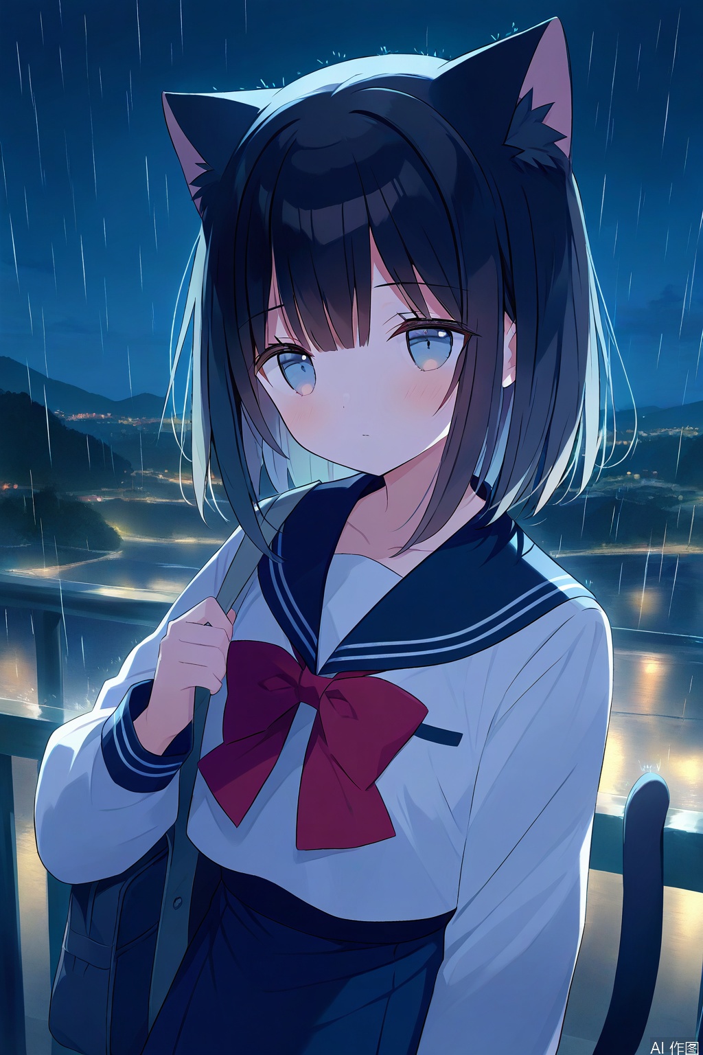 animal_ears,1girl,black_hair,sailor_collar,solo,short_hair,cat_ears,school_uniform,serafuku,black_sailor_collar,upper_body,rain,shirt,white_shirt,long_sleeves,night,closed_mouth,scenery,bangs,