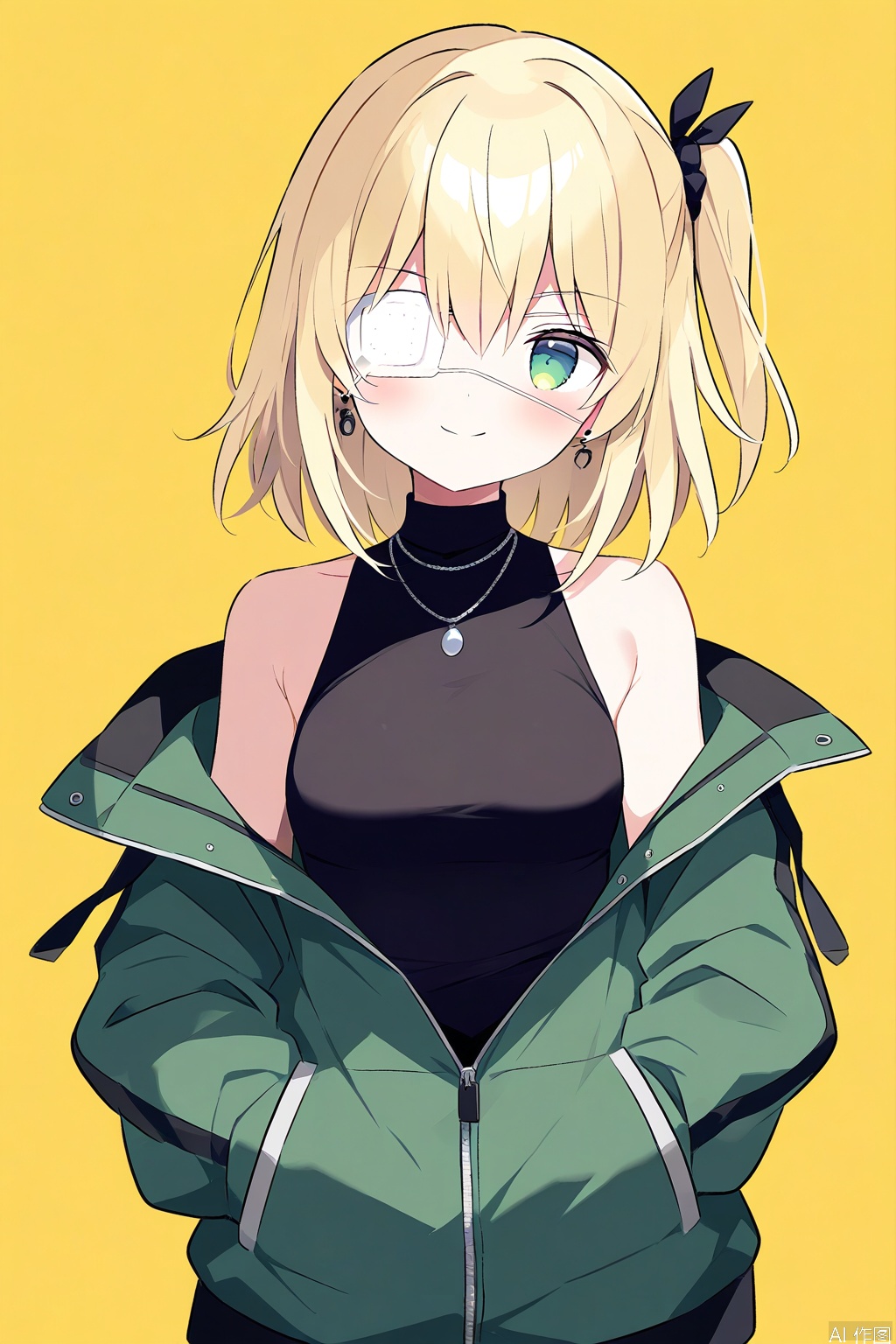 1girl,eyepatch,solo,yellow background,jewelry,medical eyepatch,jacket,hands in pockets,simple background,medium hair,blonde hair,green eyes,piercing,shirt,green jacket,ear piercing,necklace,sleeveless,earrings,closed mouth,upper body,looking at viewer,smile,off shoulder,black shirt,hair between eyes,bare shoulders,breasts,hood,sleeveless shirt,