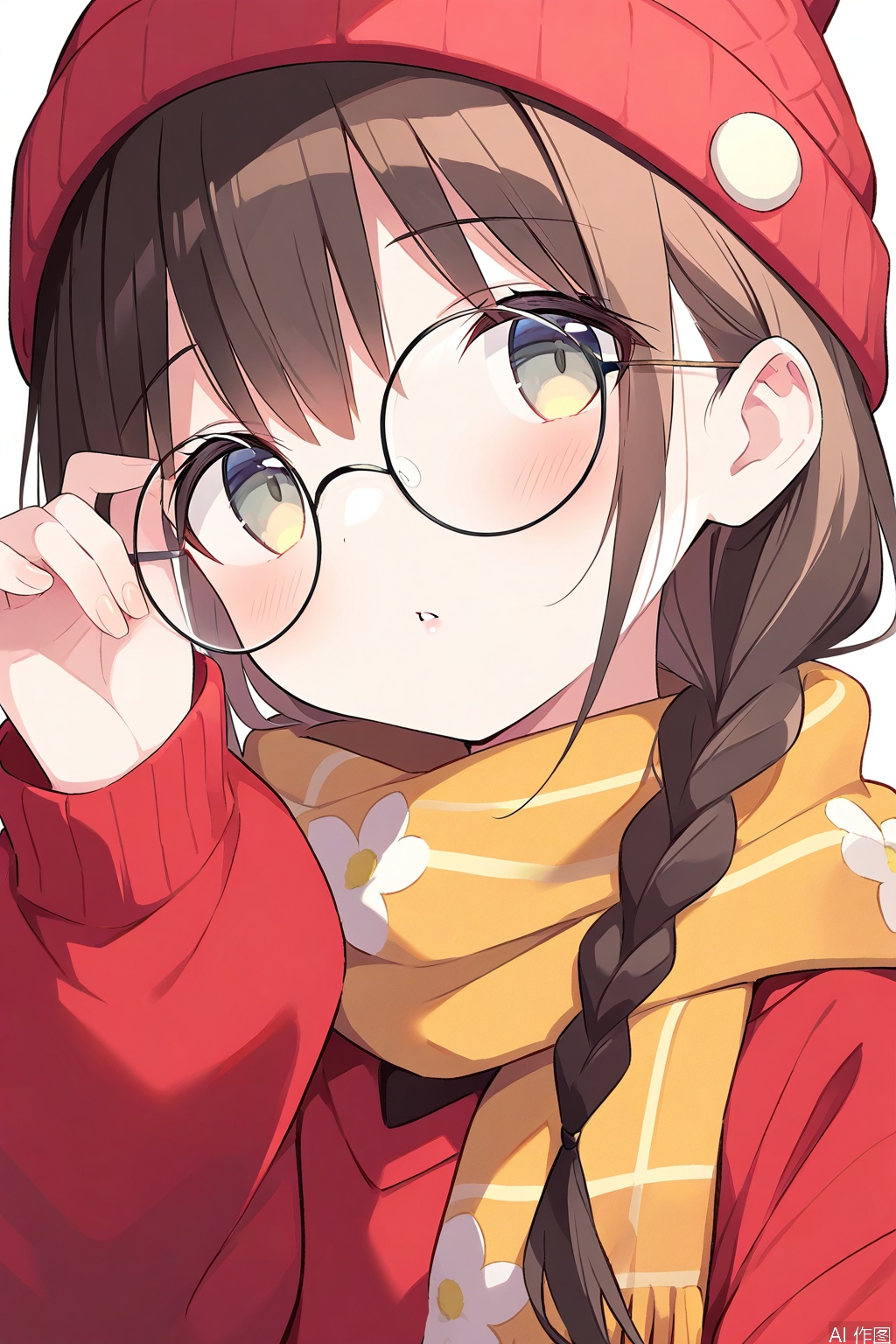 best quality, amazing quality, very aesthetic,1girl,red headwear,solo,floral print,beanie,glasses,braid,hat,brown hair,round eyewear,scarf,brown eyes,upper body,long hair,adjusting eyewear,long sleeves,sweater,circle,hand up,print scarf,red sweater,white background,hand on eyewear,puffy long sleeves,lips,braided ponytail,simple background