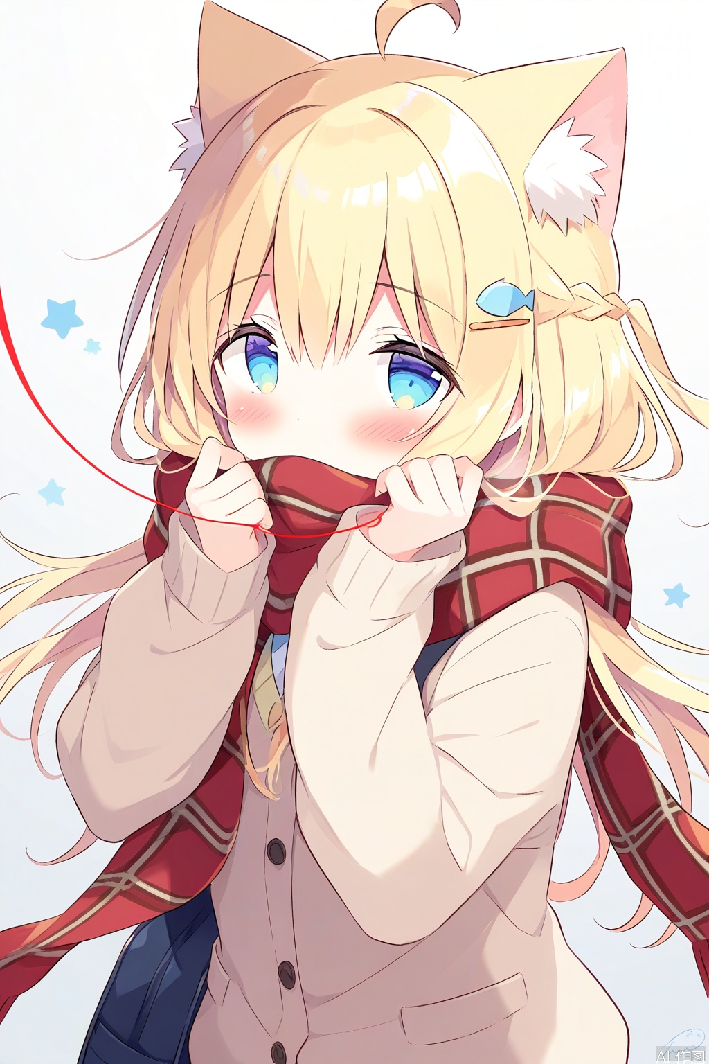 best quality,amazing quality,very aesthetic,1girl,solo,animal ears,scarf,hair ornament,blue eyes,long hair,blonde hair,bangs,looking at viewer,hair between eyes,red scarf,braid,star hair ornament,blush,cat ears,sleeves past wrists,long sleeves,gradient background,fish hair ornament,covered mouth,gradient,animal ear fluff,signature,sweater,upper body,plaid,grey background,white background,plaid scarf,floating hair,string of fate,brown sweater,star (symbol),enpera,hairclip,