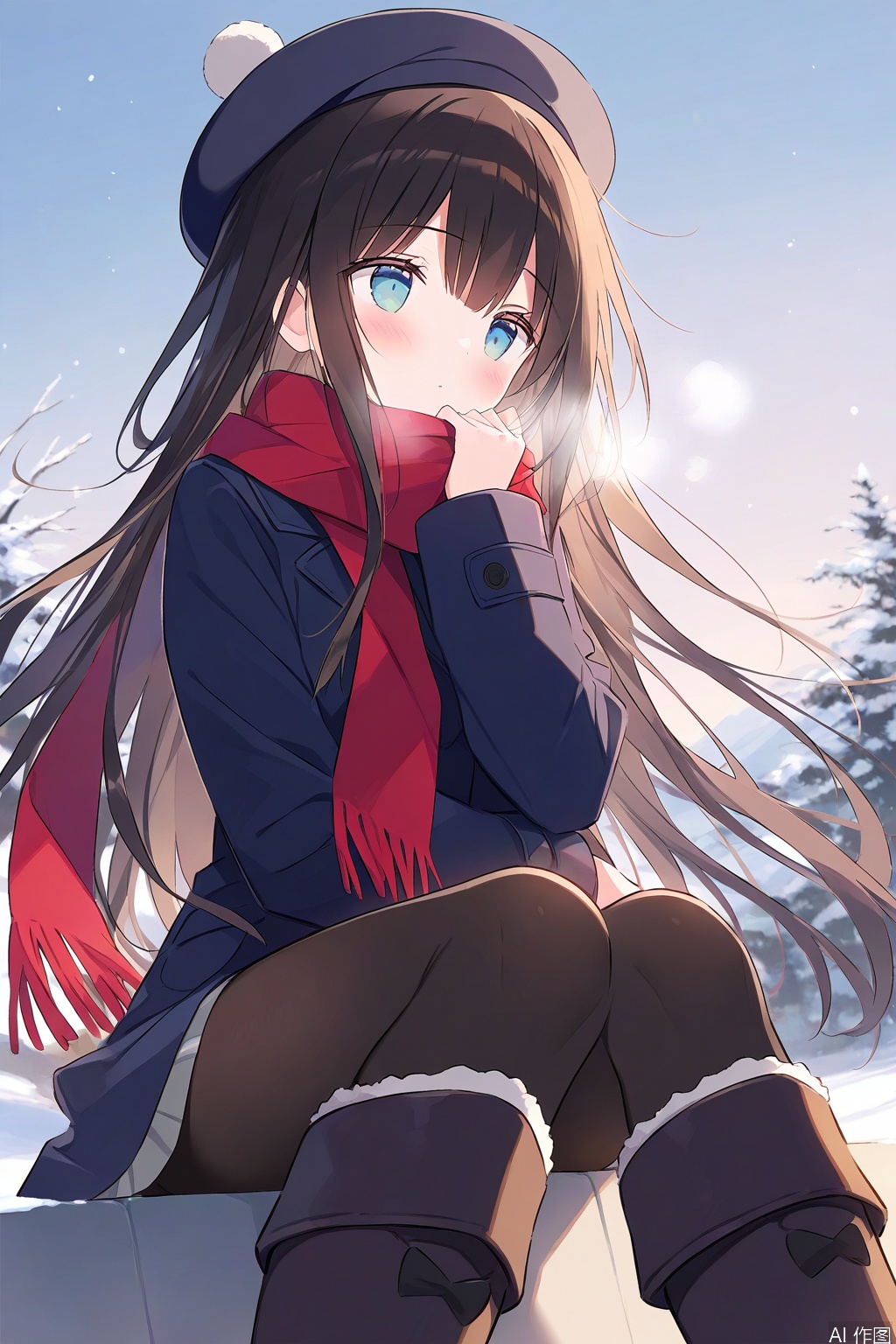 (masterpiece),(best quality),(sketch),solo,1girl,long hair,beret,knee boots,cotton boots,winter,upper body,looking_sky