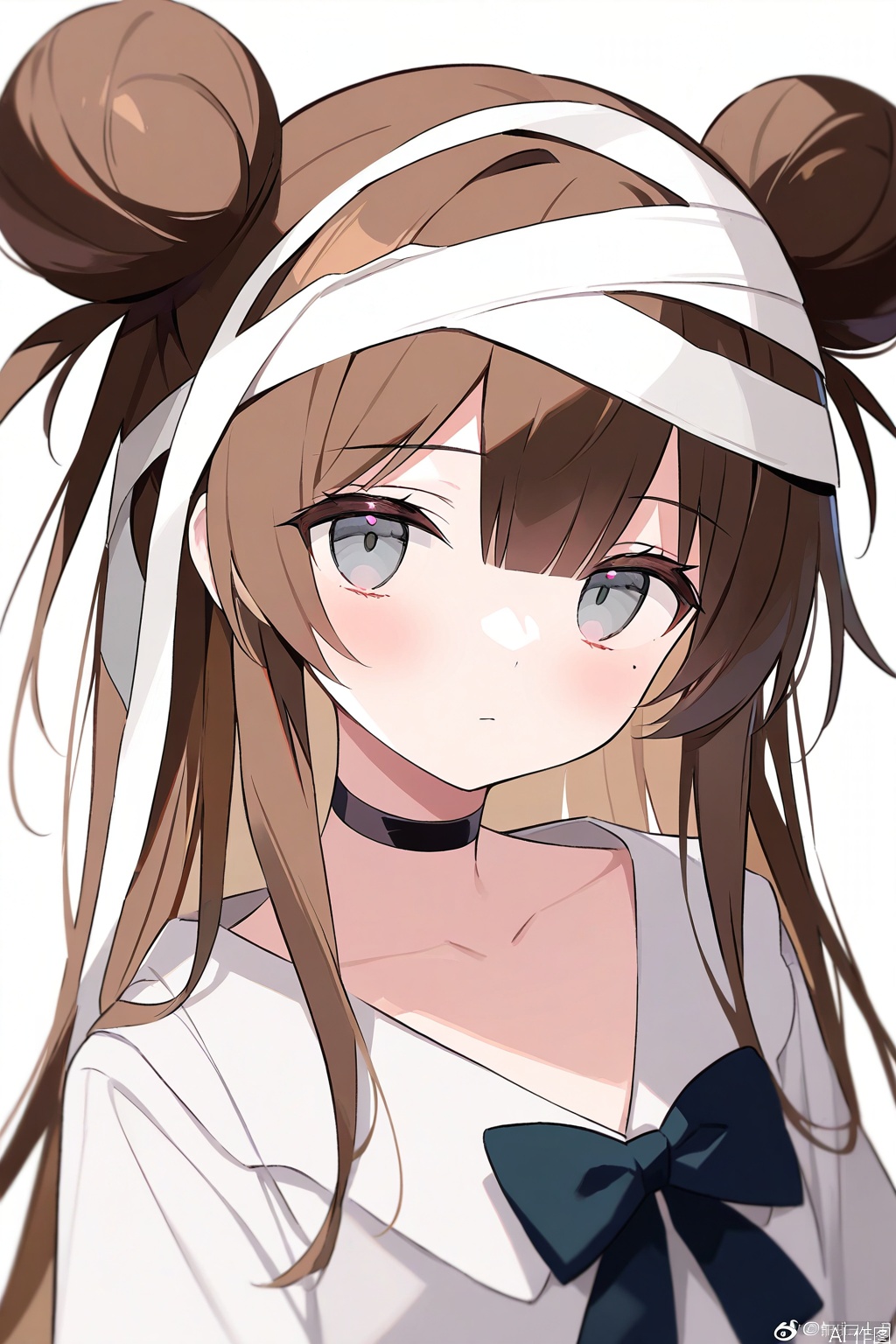 best quality, amazing quality, very aesthetic,1girl,solo,white background,simple background,looking at viewer,mole under eye,bandages,shirt,brown hair,upper body,bow,long hair,grey eyes,black bow,hair between eyes,collarbone,bandaged head,hair bun,white shirt,mole,weibo username,closed mouth,weibo logo