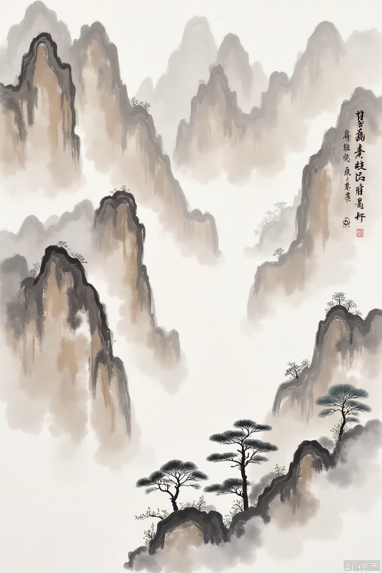 The image depicts a serene and majestic landscape featuring towering, rugged mountains shrouded in mist, creating a sense of depth and mystery. The mountains are painted in varying shades of brown and gray, with some areas highlighted by lighter tones to suggest the fog or clouds enveloping them. In the foreground, there are several pine trees with distinct, rounded canopies, their dark green needles contrasting with the muted background. The overall composition is reminiscent of traditional East Asian ink wash painting, characterized by its emphasis on natural forms and atmospheric effects. The text in the image is in Chinese characters, which are placed on the right side of the painting. The characters are written in a traditional calligraphic style, adding to the cultural authenticity of the artwork.,YT ink brush strokes