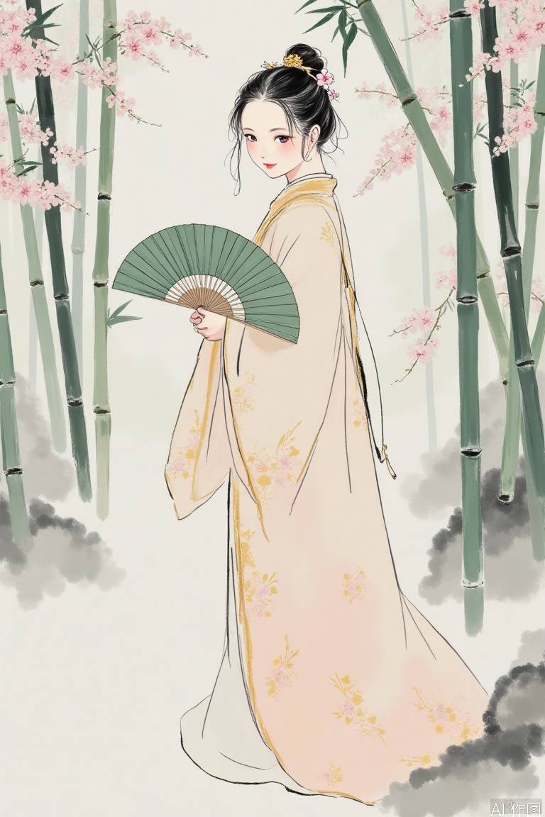 The image depicts a traditional Chinese-style illustration of a woman dressed in a flowing, pastel-colored robe with intricate gold trim. She is standing amidst a bamboo forest, holding a green fan adorned with delicate floral patterns. Her hair is styled elaborately, adorned with golden ornaments and flowers, reflecting traditional Chinese aesthetics. The background consists of tall bamboo stalks, some with pink blossoms, creating a serene and natural setting. The overall composition is harmonious, blending the elegance of the woman with the simplicity of the bamboo landscape.,YT ink