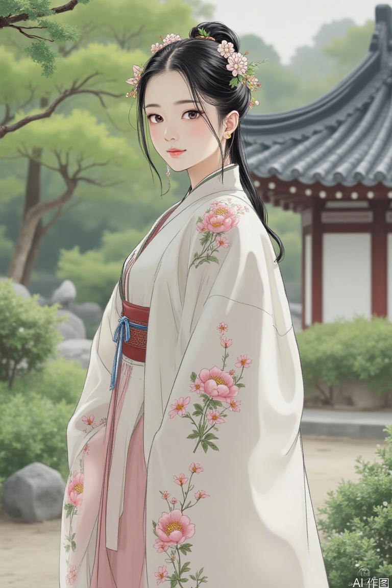 The image depicts a woman dressed in traditional East Asian attire, specifically a flowing robe adorned with intricate floral embroidery. She is standing outdoors, surrounded by lush greenery, including trees and shrubs. The background features a traditional architectural structure with a curved roof, suggesting a garden or historical site. The woman's hair is styled elegantly, adorned with decorative hairpins and flowers, complementing her traditional outfit. The overall scene exudes a serene and classical atmosphere.,YT ink