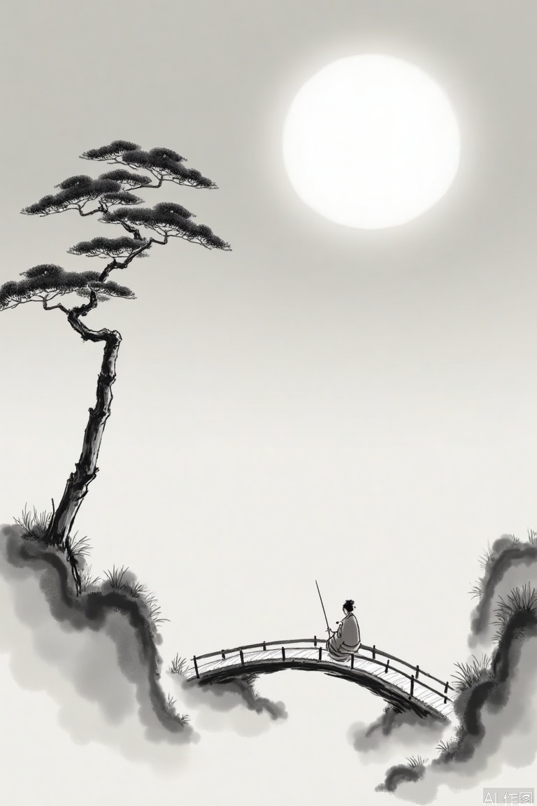 The image depicts a serene and minimalist scene with a large full moon in the upper right corner, casting a soft glow over the landscape. A solitary figure, dressed in traditional attire, sits on a curved bamboo bridge, holding a staff. To the left of the figure, a gnarled tree with dense, textured foliage stands tall, its branches extending outward. The background is a gradient of light gray, giving a sense of depth and tranquility. The overall composition is balanced, with the figure and the tree creating a focal point, while the moon and the bridge add a sense of calm and contemplation. The image is rendered in a traditional East Asian ink wash painting style, characterized by its use of monochromatic tones and fluid brushstrokes.