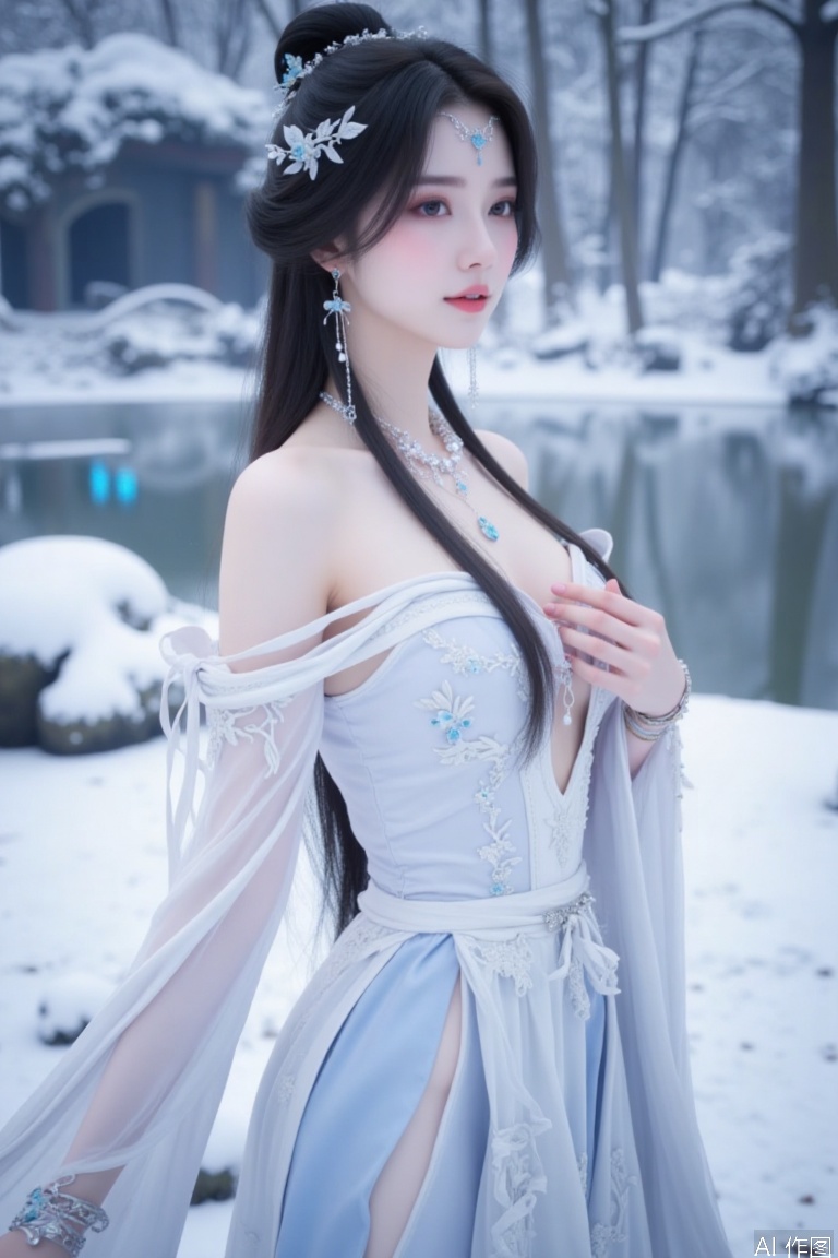 score_9, score_8_up, Close-up below the waist,Beautiful legs,shoe,A woman with a cool and gentle temperament has a long black hair, carefully combed into a classical bun, and the bun is dotted with white and light blue flower hair ornaments. Wearing a forehead ornament composed of silver metal and blue gems, the tiny chain hanging down adds a sense of splendor. A row of silver beads adorns the front of the face, adding mystery and elegance. Her skin is white as snow, her eyebrows are crescent-shaped, her eyes are bright and radiant, her eye makeup is elegant, and her lips are rosy like cherries. The neck is wearing a multi-layer necklace composed of silver metal, pearls and blue gems, with rich layers. Earrings are hung with silver metal frames and decorated with blue gems and pearls. Dressed in an antique dress with white and light blue, the upper body fits the figure, the off-the-shoulder design shows beautiful shoulder and neck lines, and the lower skirt is wide and elegant with a light gauze layer. The skirt is covered with exquisite embroidery patterns, which may be traditional elements such as moire and water pattern, and it is also matched with white ribbons dancing with the wind, which is full of fairy spirit. Wearing a delicate bracelet with silver as the main color and decorated with blue gems and butterflies on her wrist. The background can be set as a mountain forest in the snow scene in winter, and the trees are wrapped in silver. There is a quiet lake in the distance, with a faint blue light on the lake, creating a cold and beautiful atmosphere.