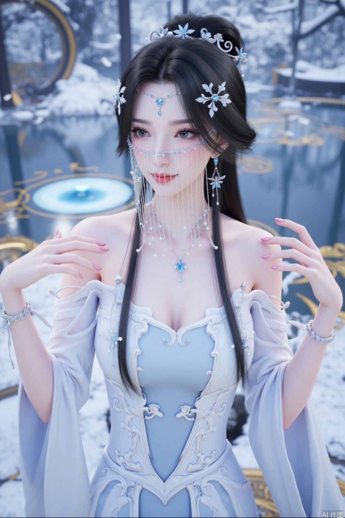score_9, score_8_up, Close-ups above the chest,A woman with a cool and gentle temperament has a long black hair, carefully combed into a classical bun, and the bun is dotted with white and light blue flower hair ornaments. Wearing a forehead ornament composed of silver metal and blue gems, the tiny chain hanging down adds a sense of splendor. A row of silver beads adorns the front of the face, adding mystery and elegance. Her skin is white as snow, her eyebrows are crescent-shaped, her eyes are bright and radiant, her eye makeup is elegant, and her lips are rosy like cherries. The neck is wearing a multi-layer necklace composed of silver metal, pearls and blue gems, with rich layers. Earrings are hung with silver metal frames and decorated with blue gems and pearls. Dressed in an antique dress with white and light blue, the upper body fits the figure, the off-the-shoulder design shows beautiful shoulder and neck lines, and the lower skirt is wide and elegant with a light gauze layer. The skirt is covered with exquisite embroidery patterns, which may be traditional elements such as moire and water pattern, and it is also matched with white ribbons dancing with the wind, which is full of fairy spirit. Wearing a delicate bracelet with silver as the main color and decorated with blue gems and butterflies on her wrist. The background can be set as a mountain forest in the snow scene in winter, and the trees are wrapped in silver. There is a quiet lake in the distance, with a faint blue light on the lake, creating a cold and beautiful atmosphere.