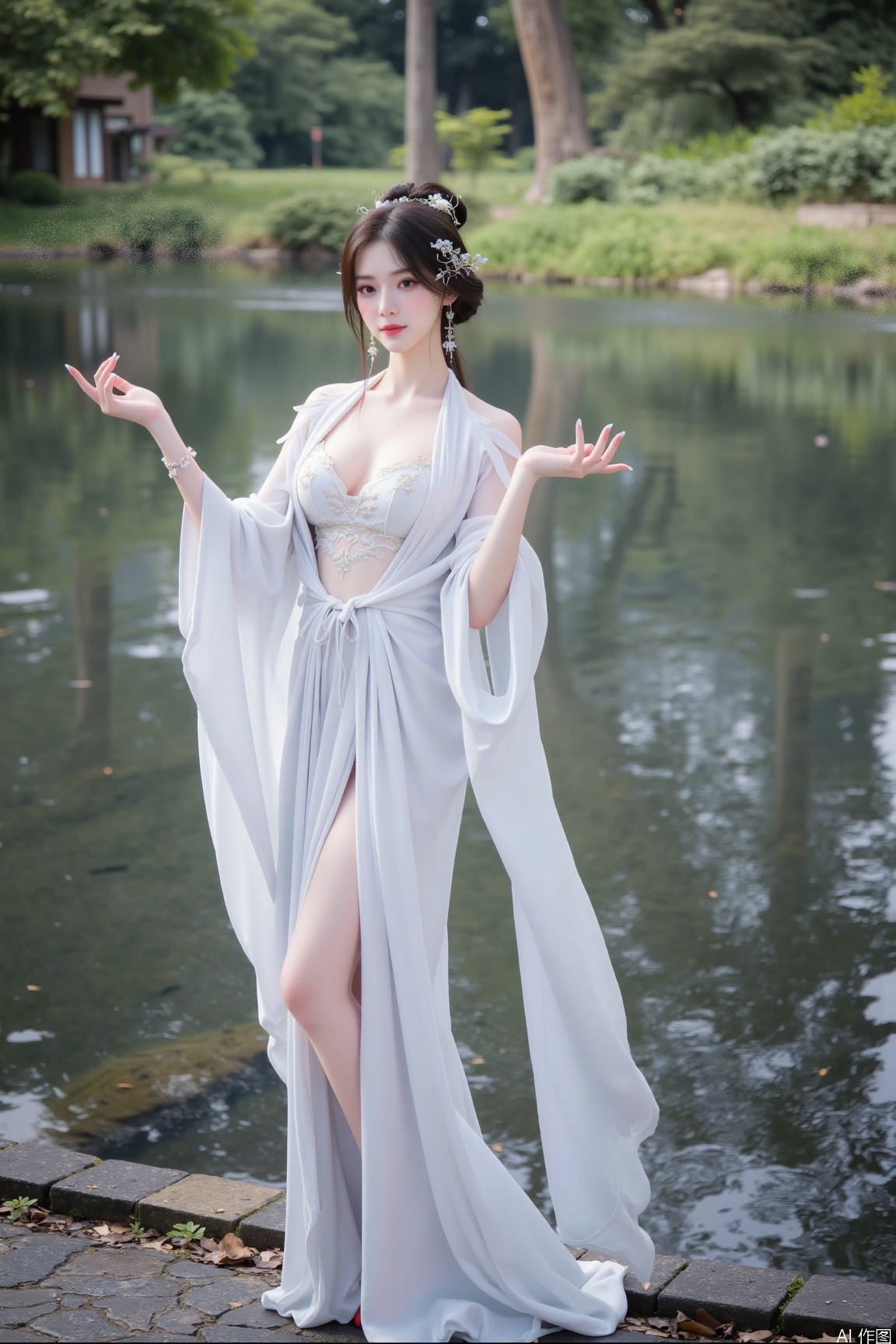 1girl,qinglen,standing,upper_body,looking_at_viewer,river,douli,hkgod,mohuan,large natural breast,soft breasts,
