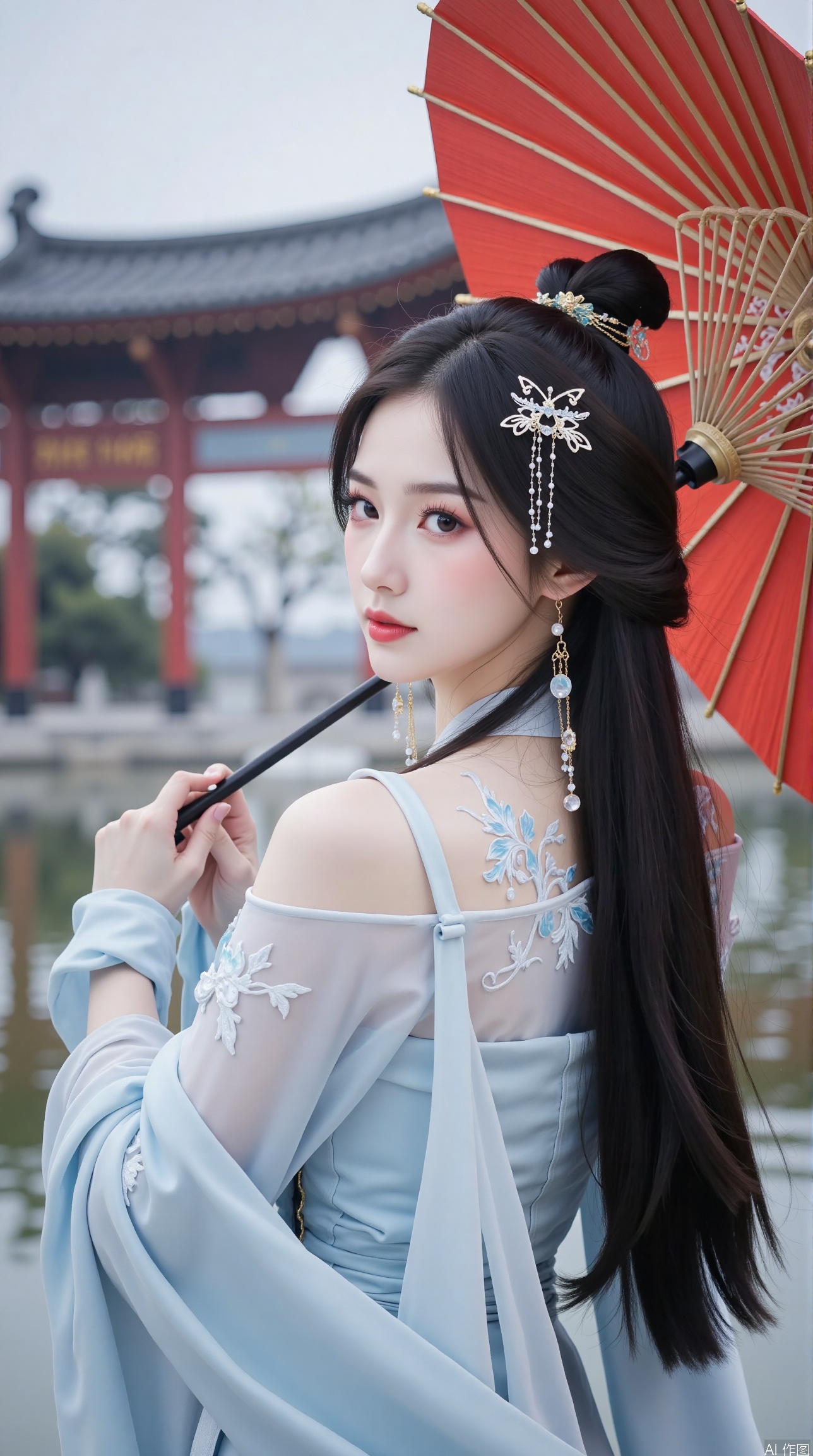 1girl,Long hair,Earrings,eyelashes,scales, umbrella, blurry background, solo, black hair, long hair, jewelry, blurry, earrings, holding umbrella, hair ornament, holding, chinese clothes, looking at viewer, upper body, red lips, oil-paper umbrella, long sleeves, hanfu, hair bun