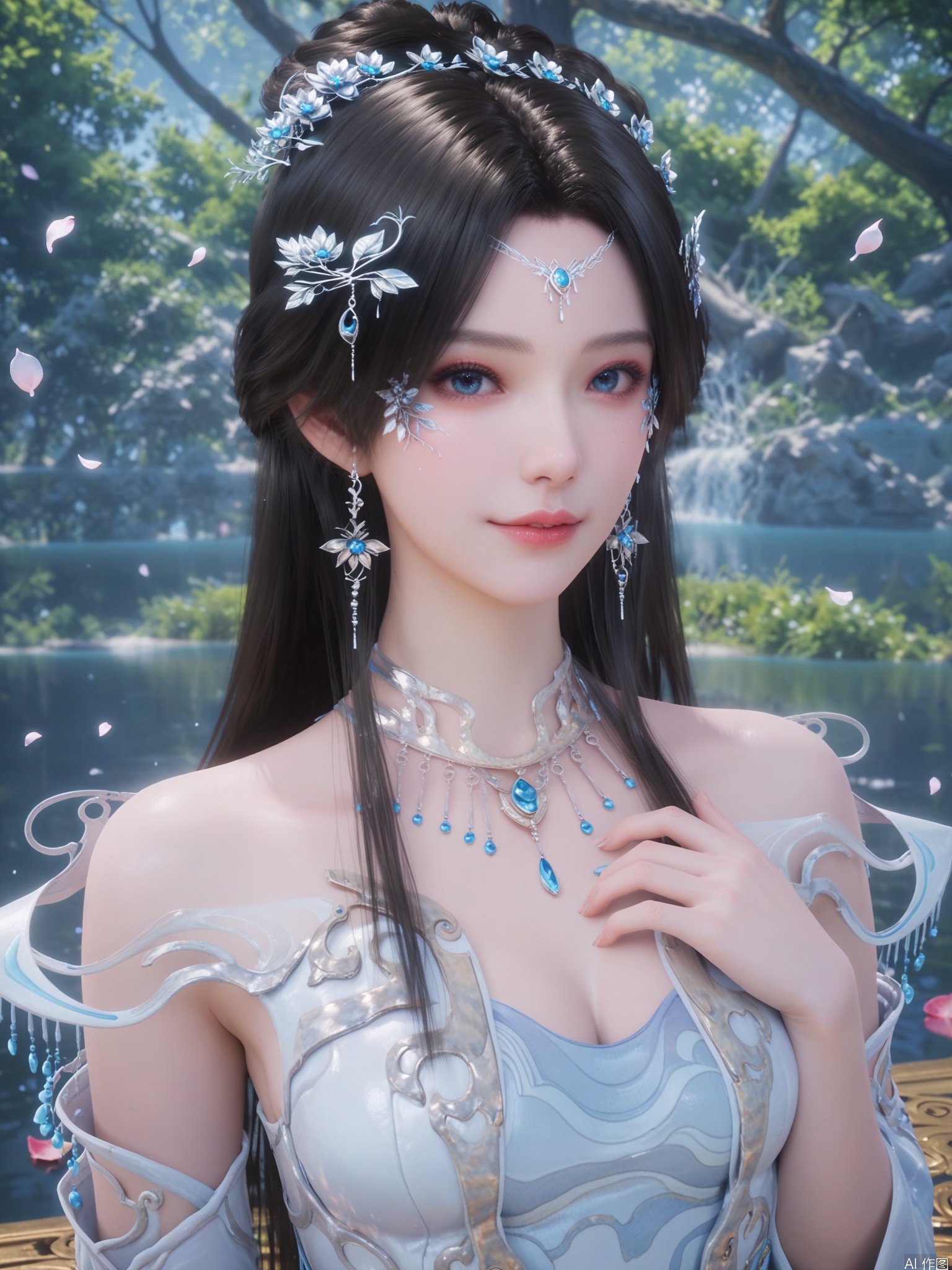 score_9,score_8_up,score_7_up,1girl,looking_at_viewer,realistic,1girl,Vivid Colors,bright environment,sunshine,god light,lake,delicate water surface,shiny skin,shiny hair,reflection,(wariza:1.2),dress,jewelry,flower sea,falling petals,extreme detail description,bright sunlight,frontal lighting,(upper body:1),put one hand on your chest,black-hair,