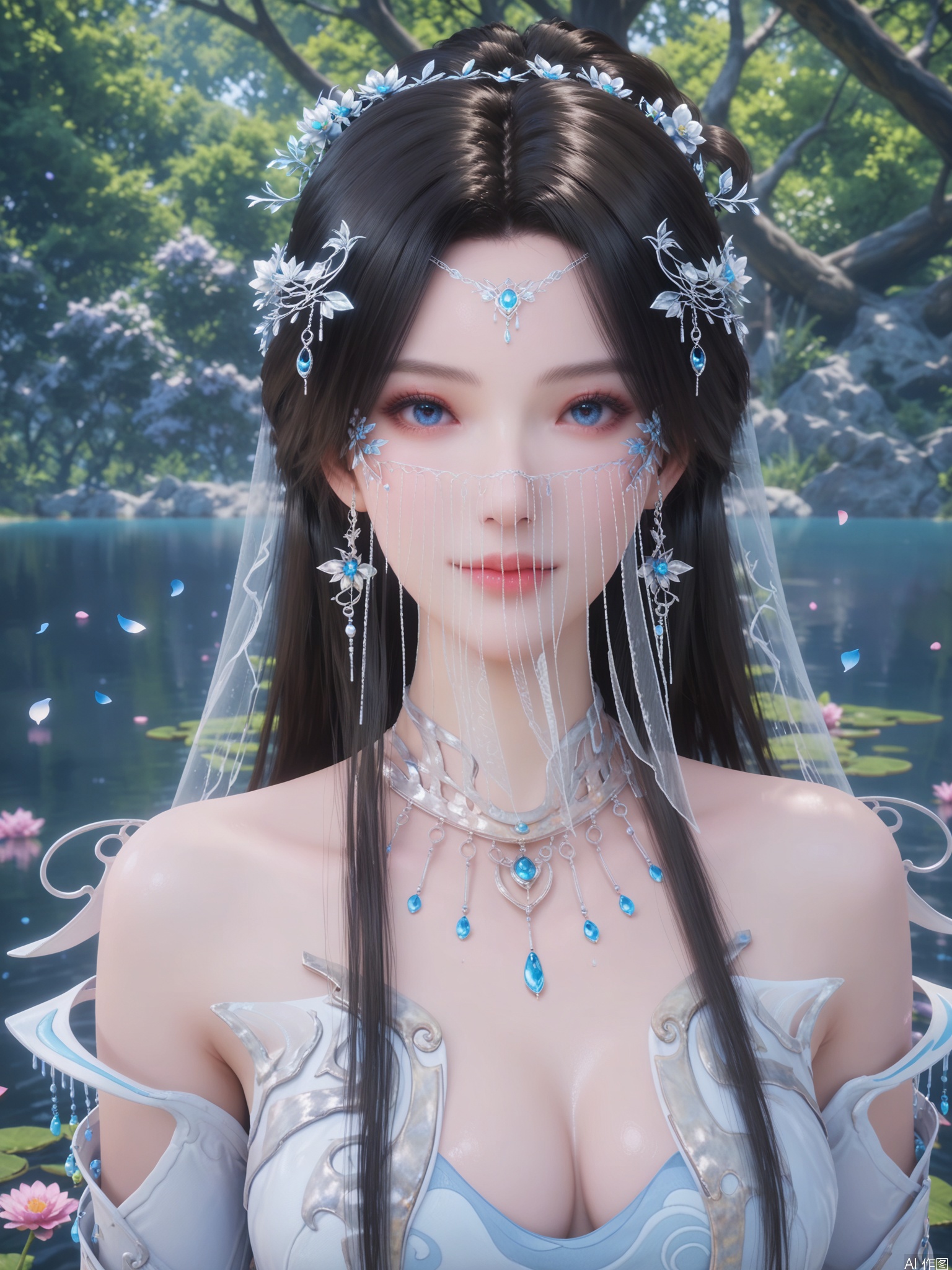 score_9,score_8_up,score_7_up,1girl,looking_at_viewer,realistic,1girl,Vivid Colors,bright environment,sunshine,god light,lake,delicate water surface,shiny skin,shiny hair,reflection,(wariza:1.2),jewelry,flower sea,falling petals,extreme detail description,bright sunlight,frontal lighting,(upper body:1),put one hand on your chest,long_hair,black-hair,veil