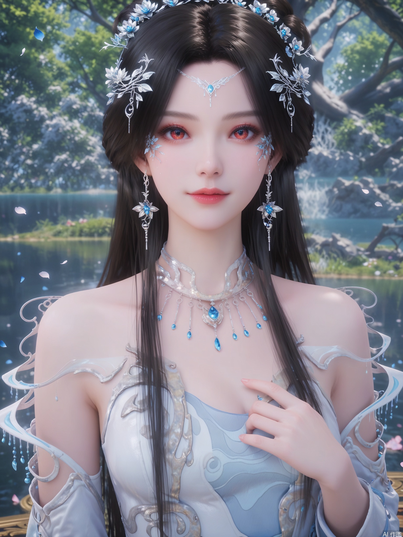score_9,score_8_up,score_7_up,1girl,looking_at_viewer,realistic,1girl,Vivid Colors,bright environment,sunshine,god light,lake,delicate water surface,shiny skin,shiny hair,reflection,(wariza:1.2),dress,jewelry,flower sea,falling petals,extreme detail description,bright sunlight,frontal lighting,(upper body:1),put one hand on your chest,black-hair,red pupil,red dress,white dress