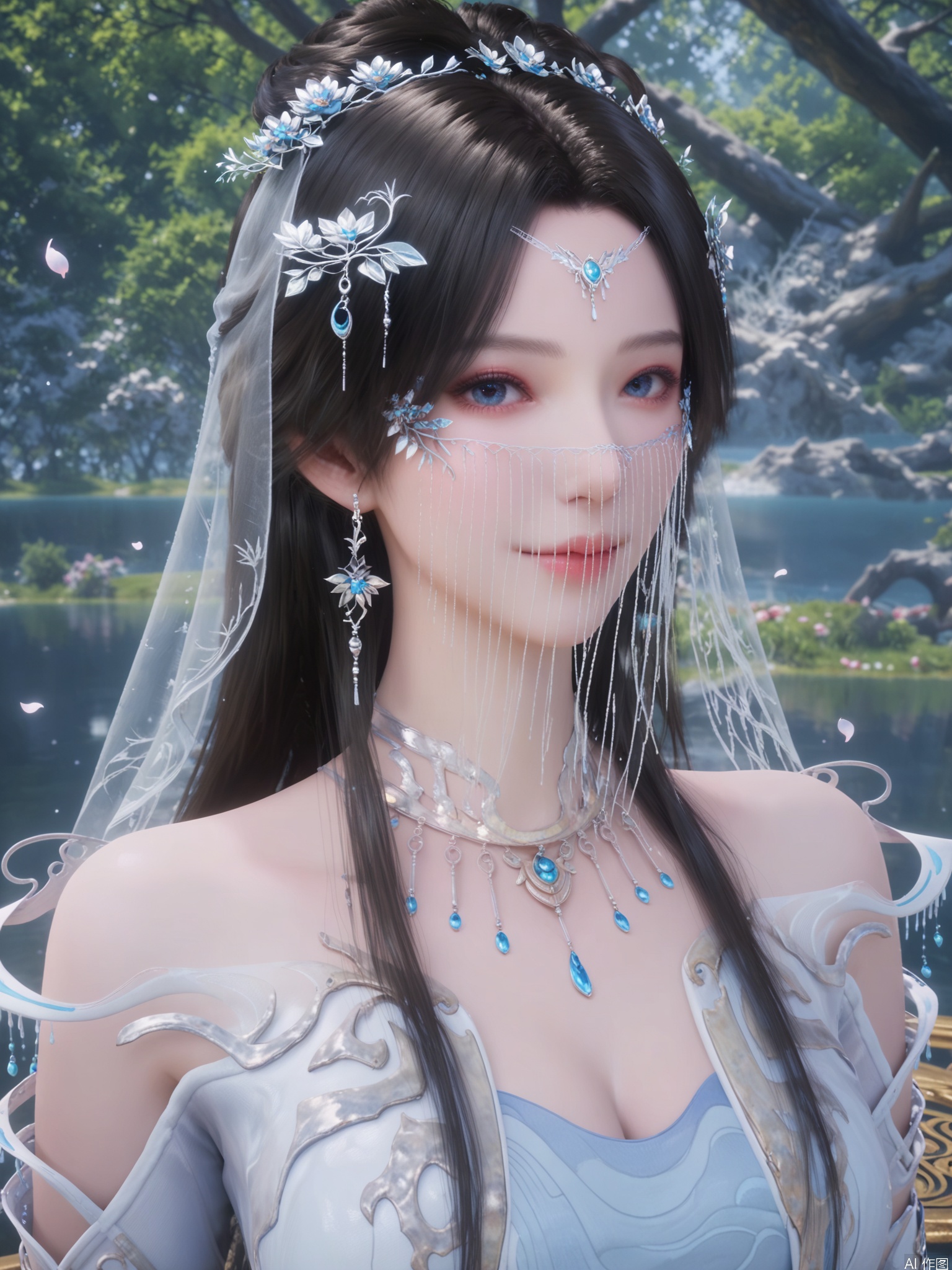 score_9,score_8_up,score_7_up,1girl,looking_at_viewer,realistic,1girl,Vivid Colors,bright environment,sunshine,god light,lake,delicate water surface,shiny skin,shiny hair,reflection,(wariza:1.2),jewelry,flower sea,falling petals,extreme detail description,bright sunlight,frontal lighting,(upper body:1),put one hand on your chest,long_hair,black-hair,veil