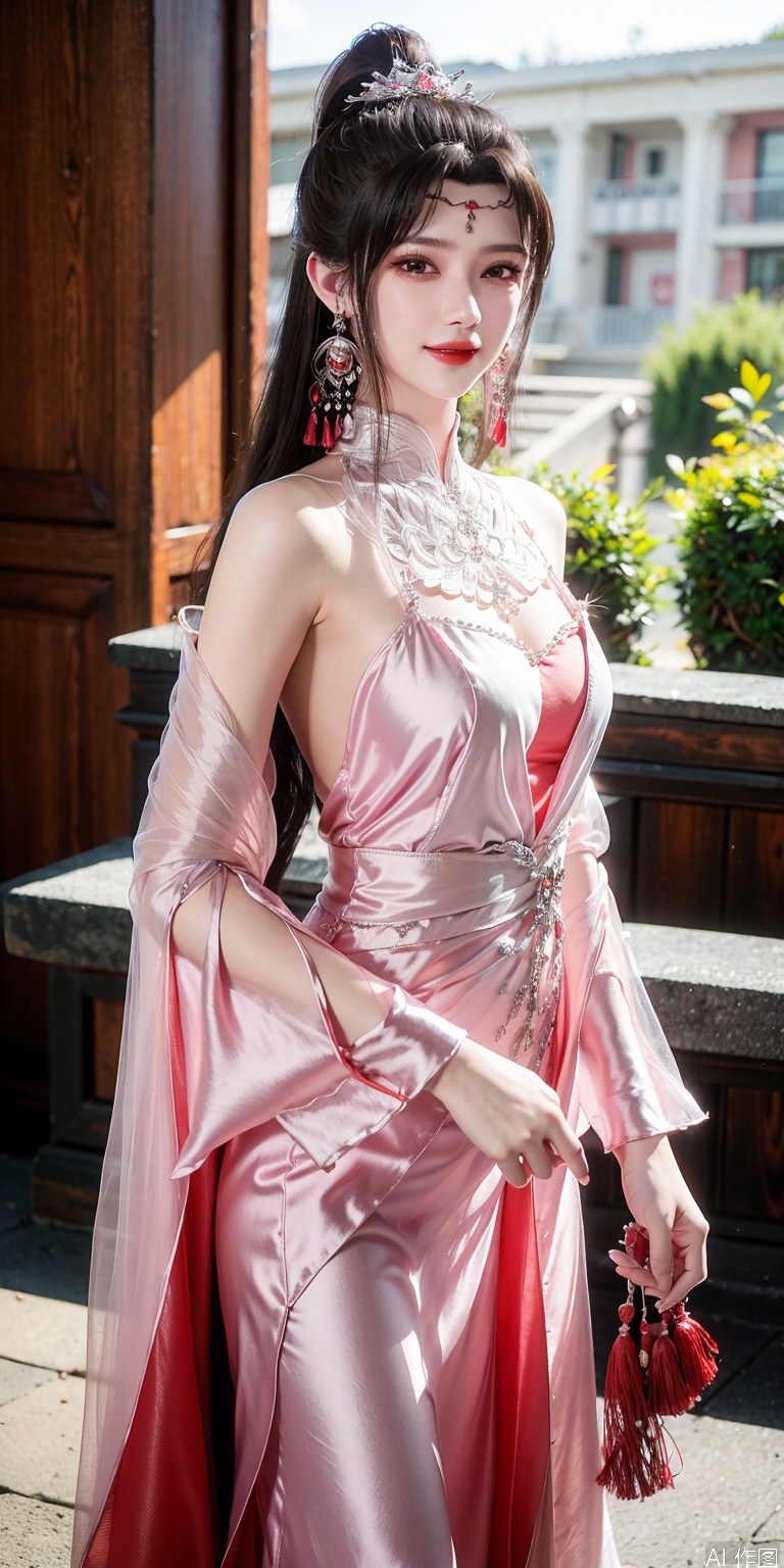 best quality, masterpiece, realistic,cowboy_shot,(Good structure), DSLR Quality,Depth of field,kind smile,looking_at_viewer,Dynamic pose, 
1girl, solo, long hair, brown hair, black hair, hair ornament, long sleeves, dress, jewelry, upper body, ponytail, earrings, white dress, expressionless, tassel, pink dress