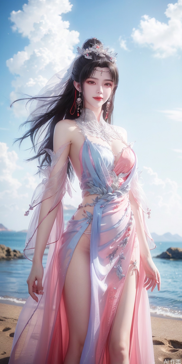 best quality, masterpiece, realistic,cowboy short,(Good structure), DSLR Quality,Depth of field,kind smile,looking_at_viewer,Dynamic pose, , Blue sky and white clouds on the beach,Masterpiece, (ultra wide angle lens: 1.2), Unity8k wallpaper, best quality, (detail shadow: 1.1), a beautiful girl, on a sea of light blue silk, translucent silk, floating light blue silk, surrealist style, minimalism, highly detailed texture, light blue, white clean background, CG rendering, light passing through clouds, 8k resolution, (motion photo: 1.2), (Fidelity: 1.4), original photos, movie lighting, 1girl,, , ,kind smile, , weddingdress,liumei