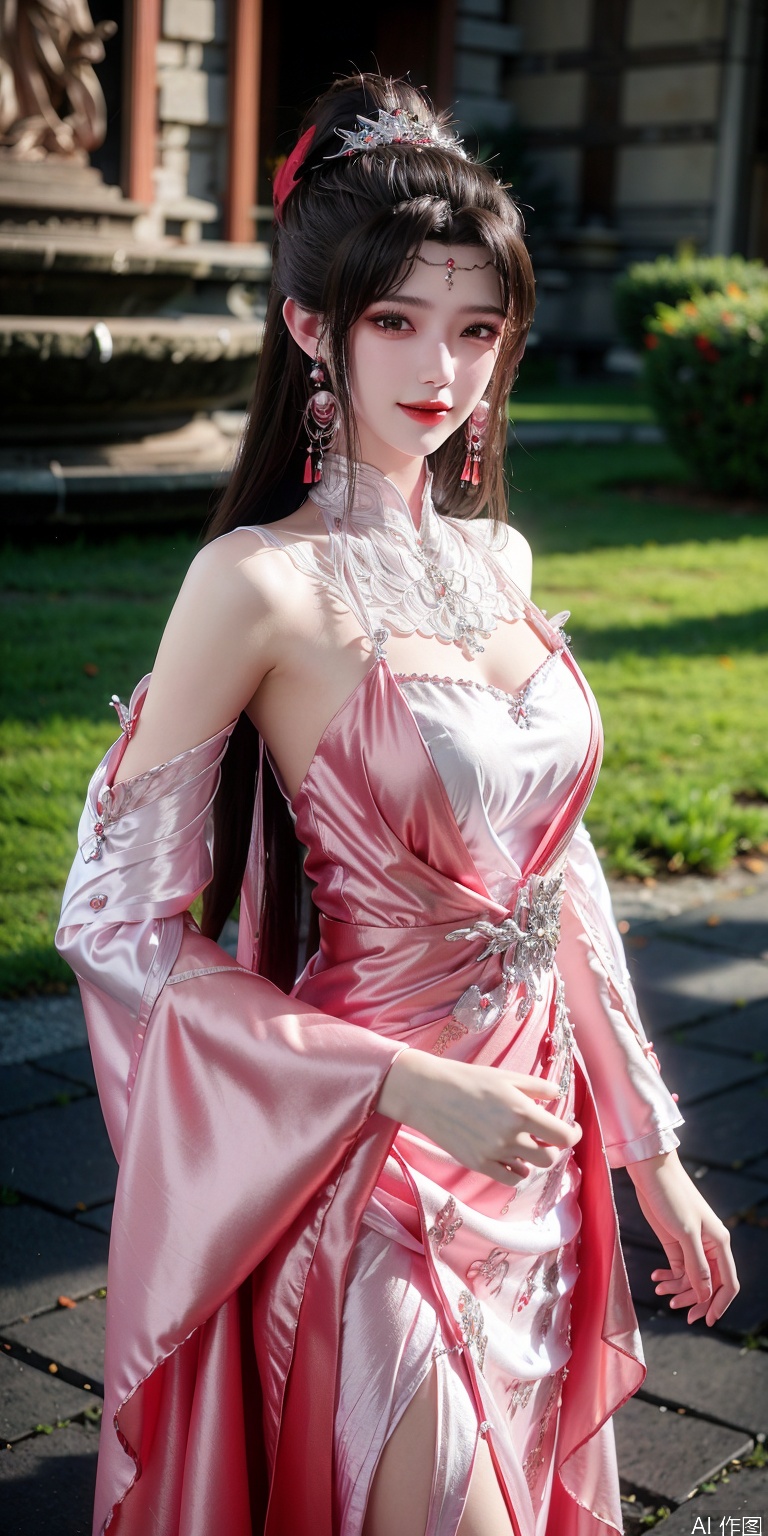 best quality, masterpiece, realistic,cowboy_shot,(Good structure), DSLR Quality,Depth of field,kind smile,looking_at_viewer,Dynamic pose, 
1girl, solo, long hair, brown hair, black hair, hair ornament, long sleeves, dress, jewelry, upper body, ponytail, earrings, white dress, expressionless, tassel, pink dress