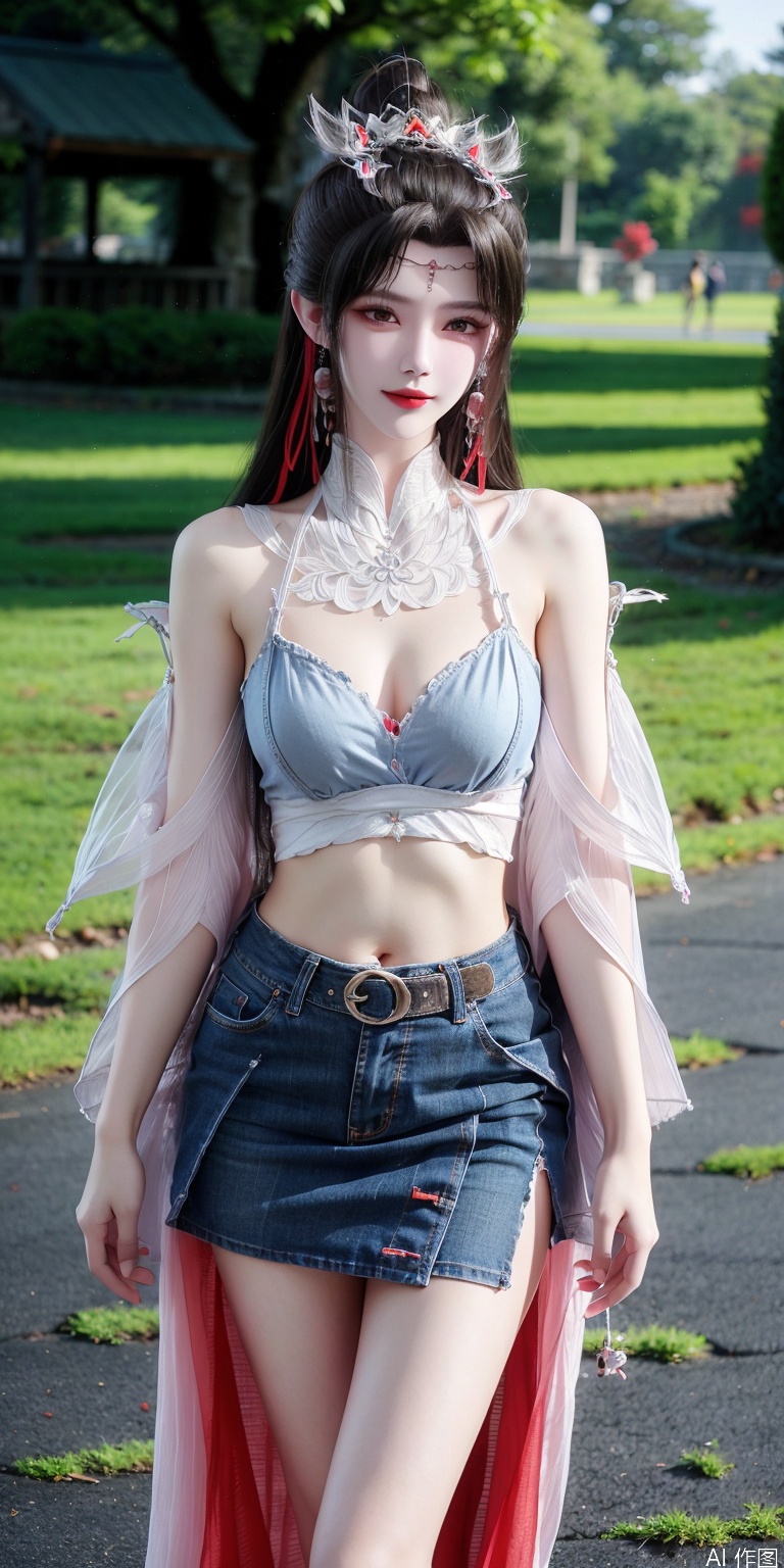  1girl,kind smile, bare_shoulders, belt, blurry, blurry_background, blurry_foreground, branch,  , , collarbone, cosplay_photo, denim, denim_skirt, depth_of_field, hand_on_own_chest, lips, , looking_at_viewer, midriff, miniskirt, motion_blur, navel, outdoors, photo_\(medium\), realistic, skirt, solo, standing, tree,liumei