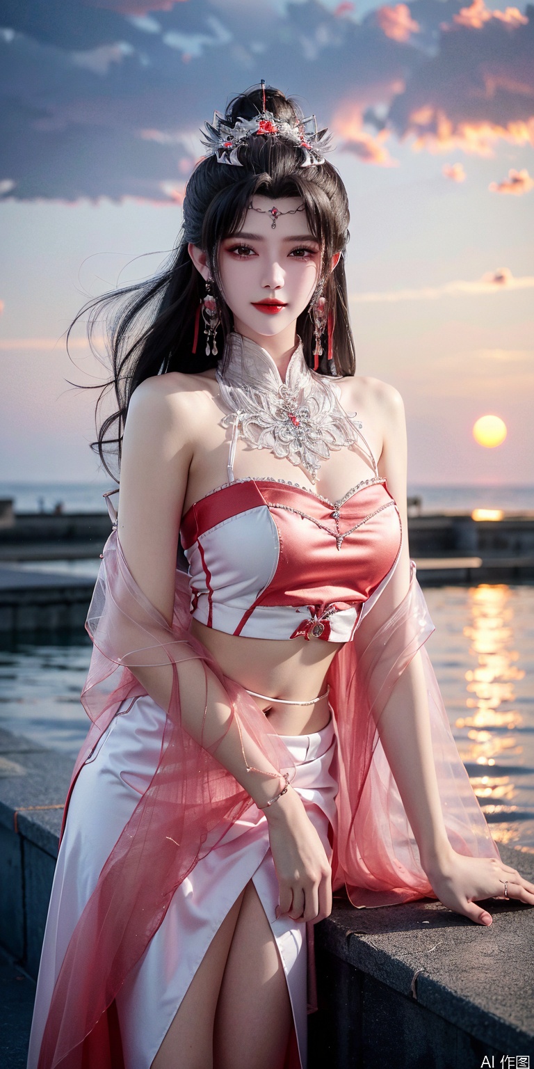 best quality, masterpiece, realistic,cowboy_shot,(Good structure), DSLR Quality,Depth of field,kind smile,looking_at_viewer,Dynamic pose, 
1girl, solo, long hair, , looking at viewer, skirt, hair ornament, bare shoulders, jewelry, , black hair, earrings, outdoors, midriff, water, necklace, lips, crop top, grey eyes, leaning forward, ocean, white skirt, strapless vest, sunset, sun,liumei