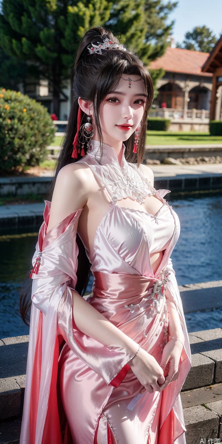 best quality, masterpiece, realistic,cowboy_shot,(Good structure), DSLR Quality,Depth of field,kind smile,looking_at_viewer,Dynamic pose, 
1girl, solo, long hair, brown hair, black hair, hair ornament, long sleeves, dress, jewelry, upper body, ponytail, earrings, white dress, expressionless, tassel, pink dress