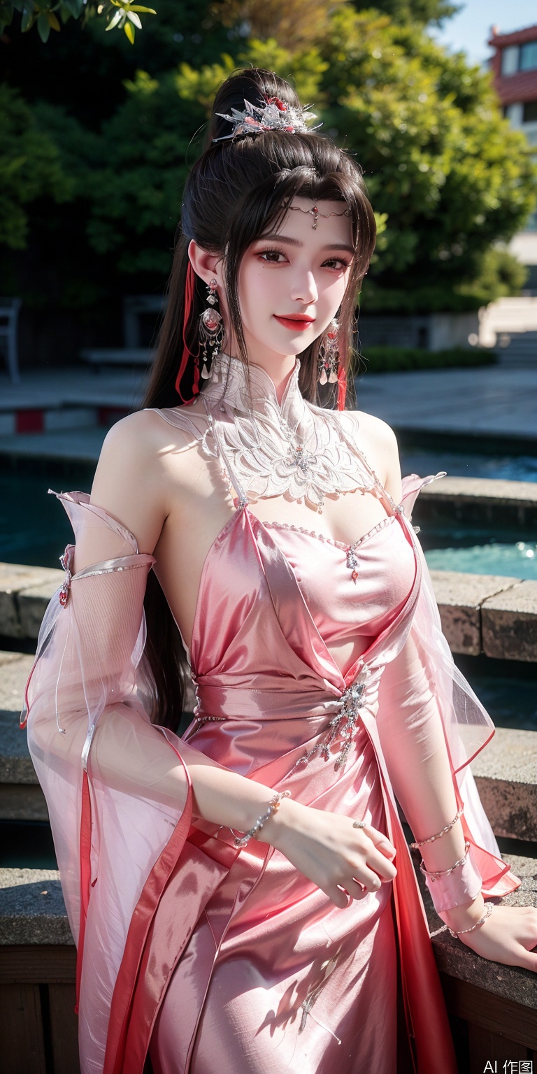 best quality, masterpiece, realistic,cowboy_shot,(Good structure), DSLR Quality,Depth of field,kind smile,looking_at_viewer,Dynamic pose, 
1girl, solo, long hair, brown hair, black hair, hair ornament, long sleeves, dress, jewelry, upper body, ponytail, earrings, white dress, expressionless, tassel, pink dress