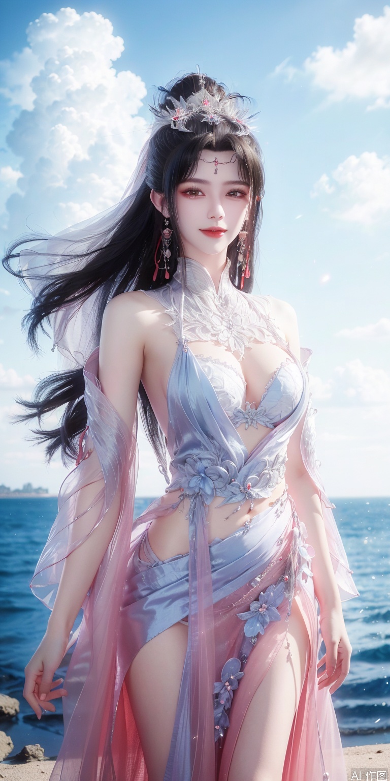 best quality, masterpiece, realistic,cowboy short,(Good structure), DSLR Quality,Depth of field,kind smile,looking_at_viewer,Dynamic pose, , Blue sky and white clouds on the beach,Masterpiece, (ultra wide angle lens: 1.2), Unity8k wallpaper, best quality, (detail shadow: 1.1), a beautiful girl, on a sea of light blue silk, translucent silk, floating light blue silk, surrealist style, minimalism, highly detailed texture, light blue, white clean background, CG rendering, light passing through clouds, 8k resolution, (motion photo: 1.2), (Fidelity: 1.4), original photos, movie lighting, 1girl,, , ,kind smile, , weddingdress,liumei