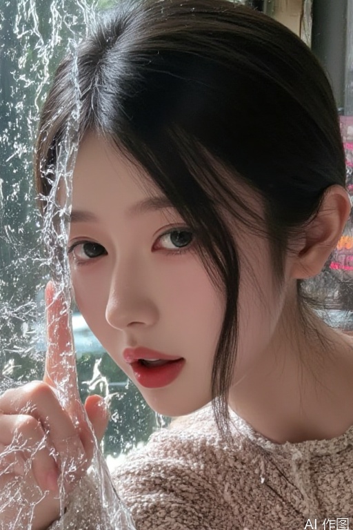 1girl, mixed-media collage portrait, left half realistic DSLR photograph with visible pores, right half anime cel-shading with bold black outlines, split lighting (studio softbox vs comic book halftone shadows), hand reaching out shattering glass-like dimensional barrier .