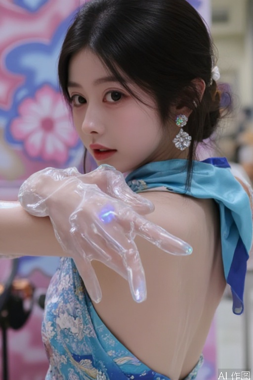 1girl, motion-blurred dance pose, multiple translucent limbs tracing movement trajectory, prismatic light refraction through crystal earrings, dress fabric transitioning from silk to liquid mercury texture, background warping into Kandinsky-style geometric abstraction .