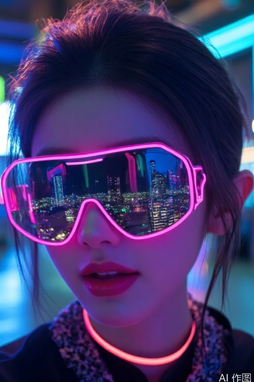 1girl, cyberpunk neon-lit portrait, holographic skin texture reflecting binary code, asymmetric geometric haircut with glowing edges, mirrored visor sunglasses showing city skyline projection, dynamic pose leaning against invisible forcefield, electric blue bokeh particles floating around head .