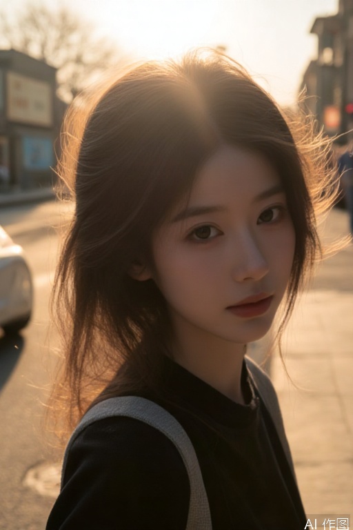 1girl, grainy 66mm film analog photography, vintage lomography filter, dreamy haze overlay, soft focus on cheekbones, wind-blown hair strands, golden hour backlighting, retro urban alley background .