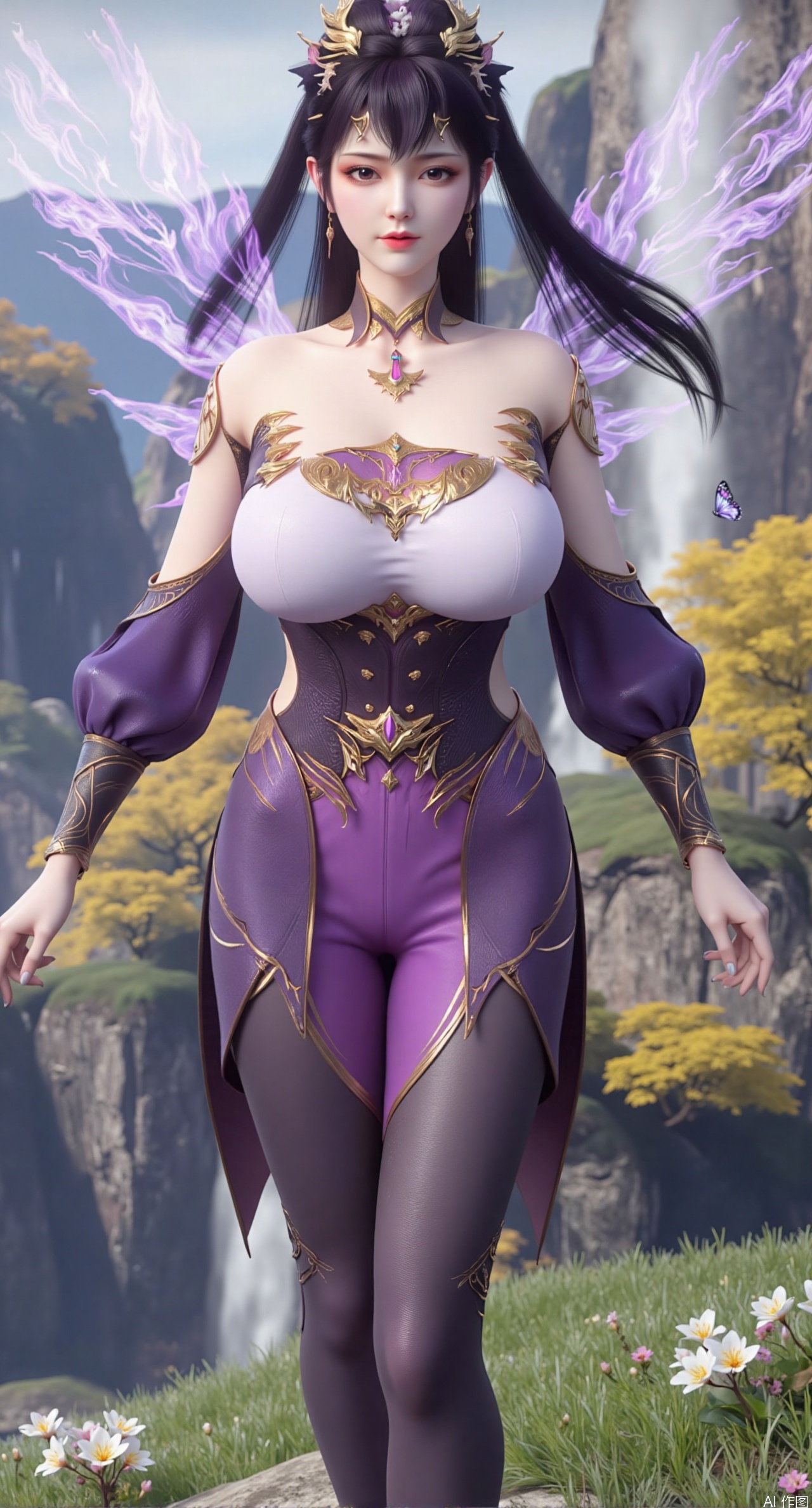 SFW,(masterpiece:1.2),best quality,An ancient fairy with black hair flowing in the wind, adorned with a wisteria blossom hairpin, with butterflies fluttering in her hair, adding softness and liveliness. She wears a dress embroidered with blooming wisteria and winter jasmine, paired with elegant purple high heels, showcasing the romance and liveliness of spring. Standing in a spring valley, surrounded by blooming wildflowers and tender green grass, with butterflies fluttering among the flowers, as if sharing the vitality and dreaminess of spring. Her expression is gentle and lively, her eyes filled with ethereal charm, as if she were the spirit of the spring valley. The background is distant green mountains and nearby wildflowers, creating a sense of dreaminess and vitality.(huge breasts:2.99),(full breasts:2.99),