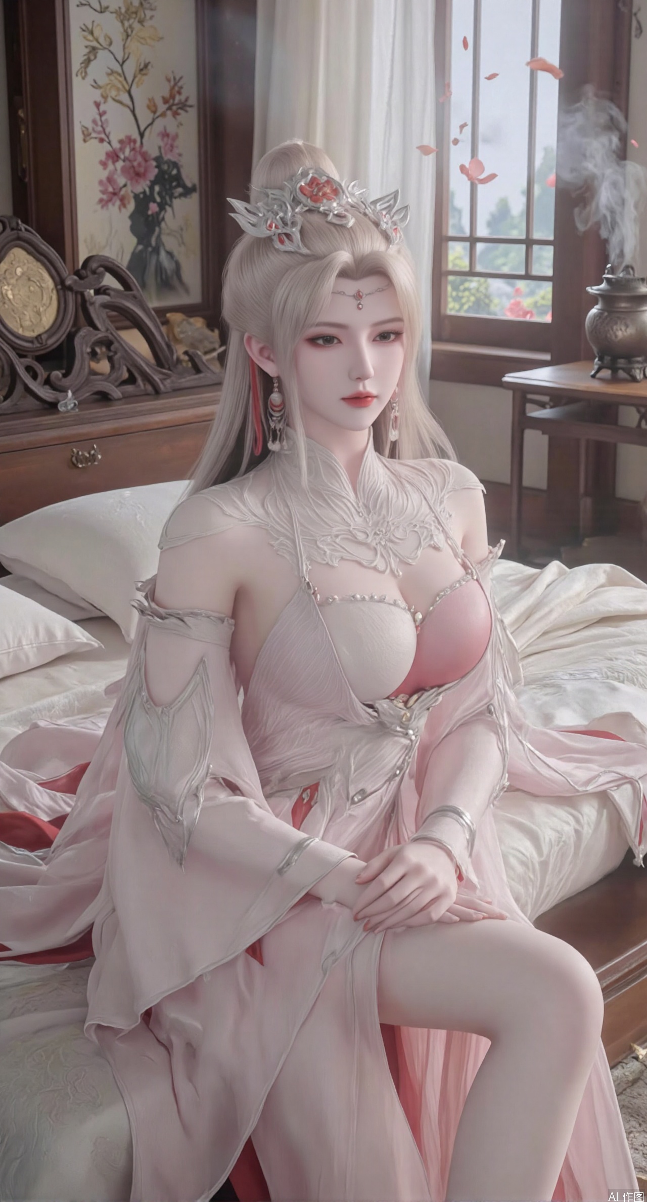 (masterpiece, best quality:1.2),Ancient Chinese boudoir scene, long Hanfu dress ,sitting sideways on an intricately carved wooden bed, soft natural light filtering through sheer silk curtains, satin bedding with delicate sheen, detailed traditional Chinese Gongbi painting style, subtle celadon color palette, background featuring vintage dressing table and embroidered screen, falling plum blossom petals near window and wispy smoke from bronze incense burner, 8K resolution with intricate fabric draping and wood grain textures,,(huge breasts:2.99),(full breasts:2.99),XtianqiongY,XliumeiY