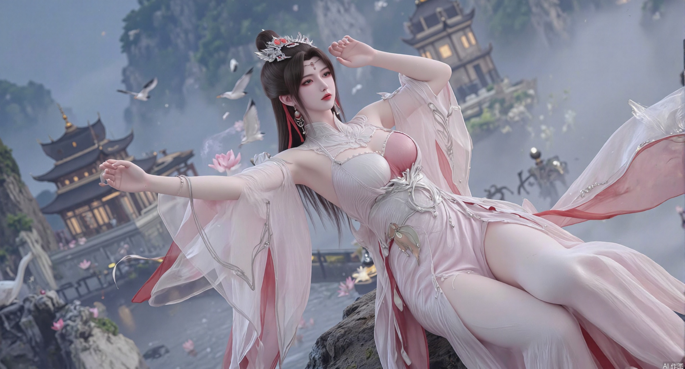 SFW,(masterpiece:1.2),best quality,1girl,solo,long hair,long dress,Half lying,celestial maiden in flowing tulle gown levitates above lotus pond, ethereal mist trails from hair ribbons, mythical Penglai paradise emerges through clouds with glowing pavilions, translucent bioluminescent lotus blooms, flock of cranes gliding over water surface, ultra HD with soft 3D rendering, morning light filters through mist, falling petal rain, intricate details on scale-patterned fabric and lotus veins.(huge breasts:2.99),(full breasts:2.99),XliumeiY
