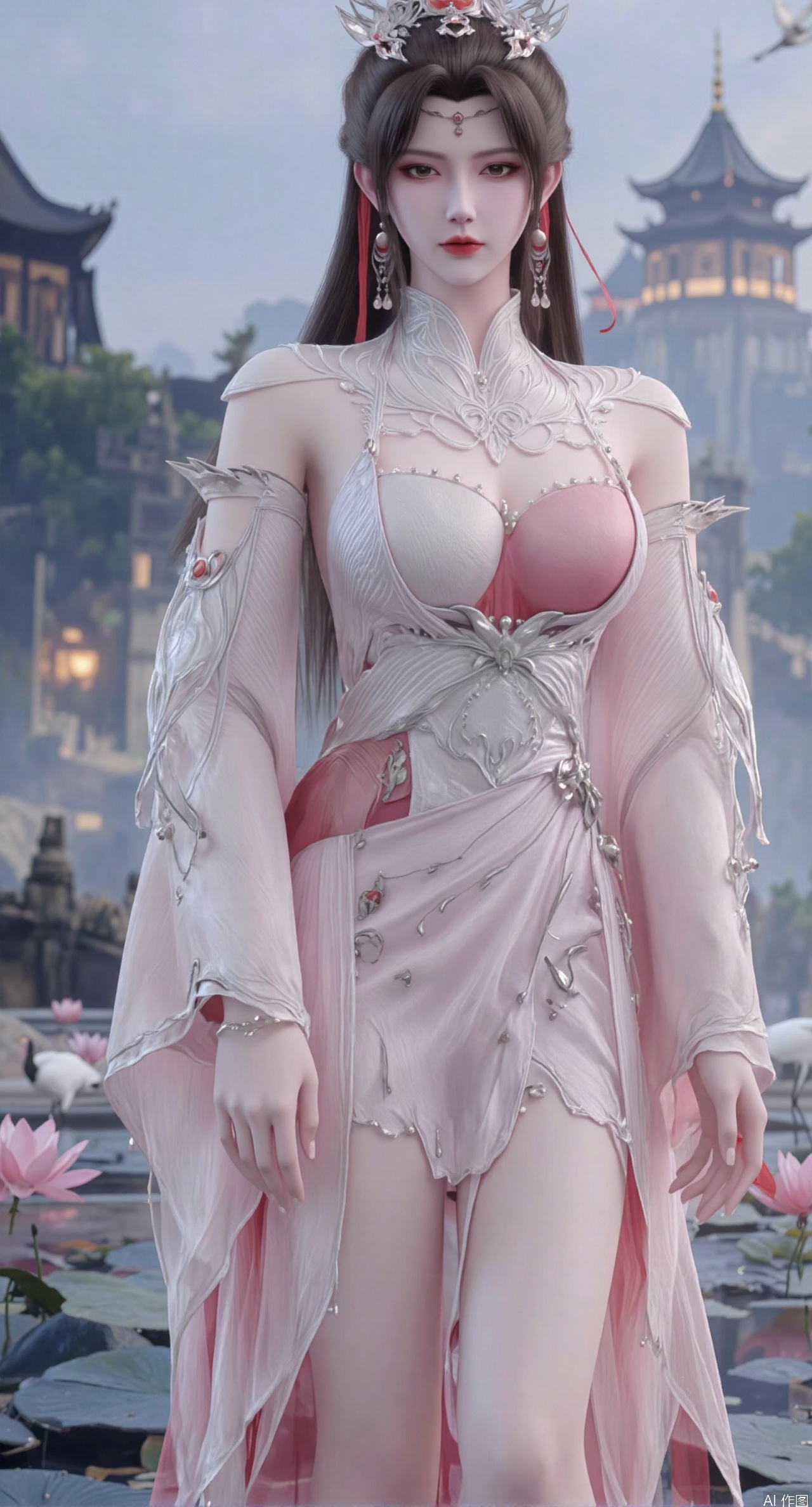 SFW,(masterpiece:1.2),best quality,1girl,solo,long hair,long dress,celestial maiden in flowing tulle gown levitates above lotus pond, ethereal mist trails from hair ribbons, mythical Penglai paradise emerges through clouds with glowing pavilions, translucent bioluminescent lotus blooms, flock of cranes gliding over water surface, ultra HD with soft 3D rendering, morning light filters through mist, falling petal rain, intricate details on scale-patterned fabric and lotus veins.(huge breasts:2.99),(full breasts:2.99),XliumeiY