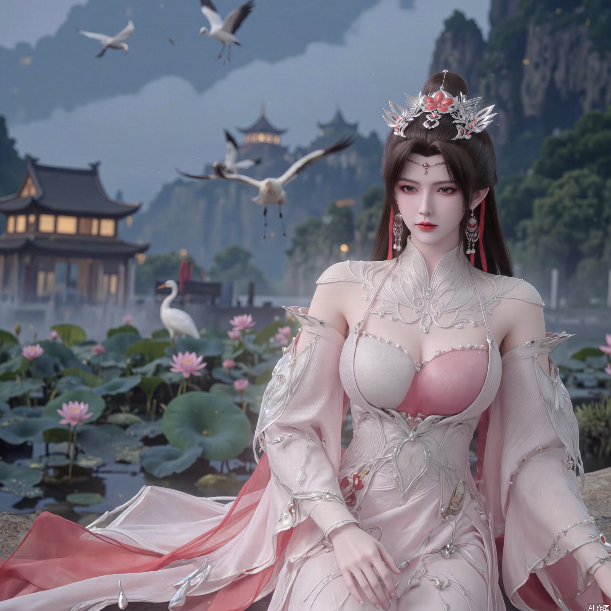 SFW,(masterpiece:1.2),best quality,1girl,solo,long hair,long dress,sitting,celestial maiden in flowing tulle gown levitates above lotus pond, ethereal mist trails from hair ribbons, mythical Penglai paradise emerges through clouds with glowing pavilions, translucent bioluminescent lotus blooms, flock of cranes gliding over water surface, ultra HD with soft 3D rendering, morning light filters through mist, falling petal rain, intricate details on scale-patterned fabric and lotus veins.(huge breasts:2.99),(full breasts:2.99),XliumeiY