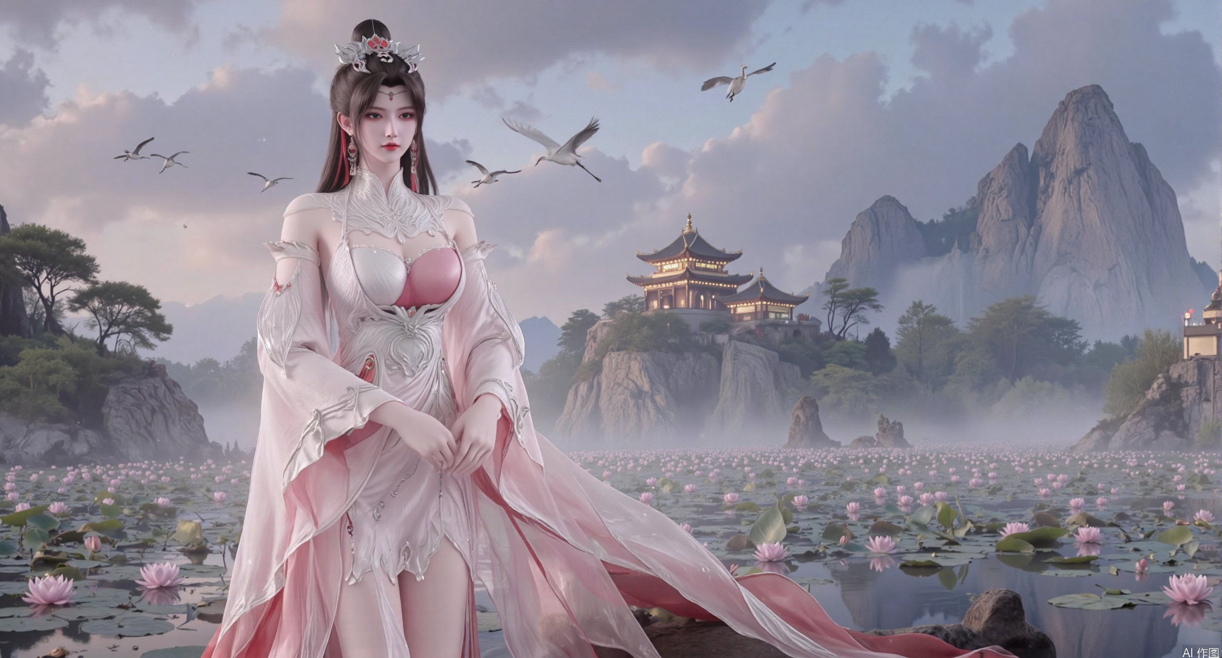 SFW,(masterpiece:1.2),best quality,1girl,solo,long hair,long dress,Half lying,celestial maiden in flowing tulle gown levitates above lotus pond, ethereal mist trails from hair ribbons, mythical Penglai paradise emerges through clouds with glowing pavilions, translucent bioluminescent lotus blooms, flock of cranes gliding over water surface, ultra HD with soft 3D rendering, morning light filters through mist, falling petal rain, intricate details on scale-patterned fabric and lotus veins.(huge breasts:2.99),(full breasts:2.99),XliumeiY