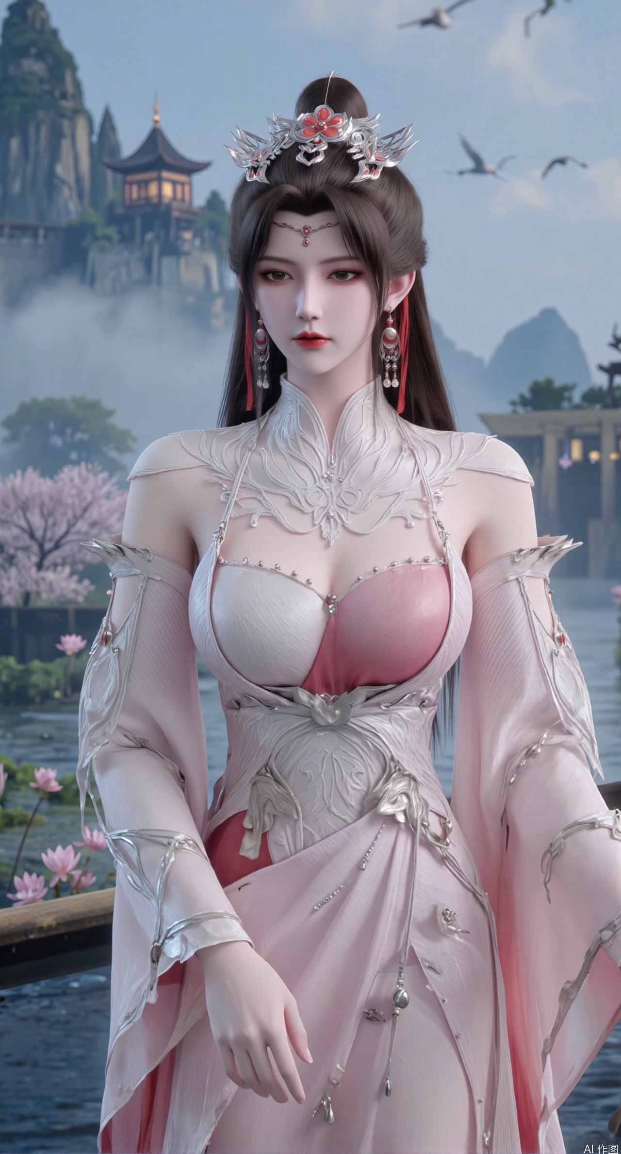 SFW,(masterpiece:1.2),best quality,1girl,solo,long hair,long dress,celestial maiden in flowing tulle gown levitates above lotus pond, ethereal mist trails from hair ribbons, mythical Penglai paradise emerges through clouds with glowing pavilions, translucent bioluminescent lotus blooms, flock of cranes gliding over water surface, ultra HD with soft 3D rendering, morning light filters through mist, falling petal rain, intricate details on scale-patterned fabric and lotus veins.(huge breasts:2.99),(full breasts:2.99),XliumeiY