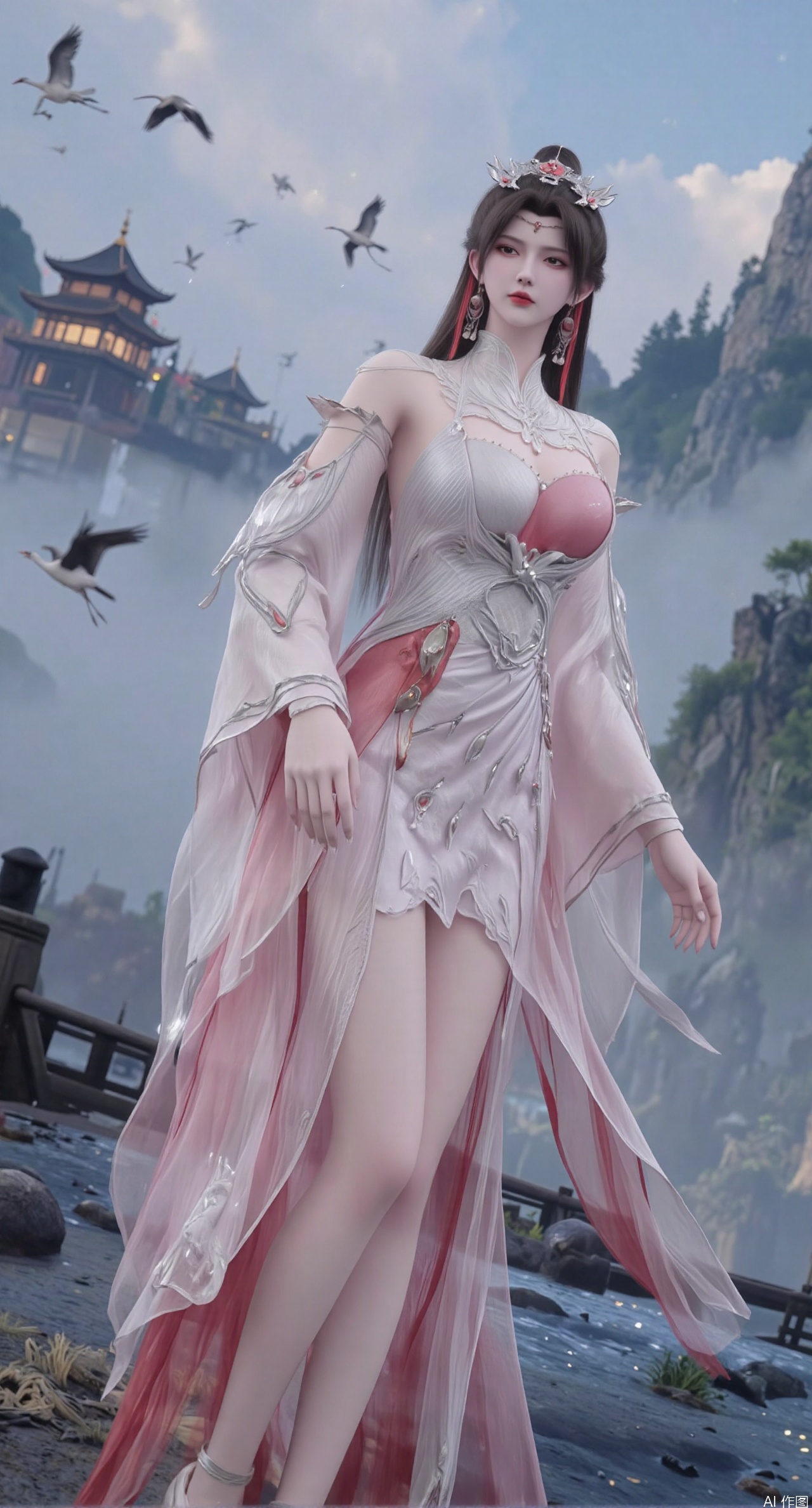 SFW,(masterpiece:1.2),best quality,1girl,solo,long hair,long dress,celestial maiden in flowing tulle gown levitates above lotus pond, ethereal mist trails from hair ribbons, mythical Penglai paradise emerges through clouds with glowing pavilions, translucent bioluminescent lotus blooms, flock of cranes gliding over water surface, ultra HD with soft 3D rendering, morning light filters through mist, falling petal rain, intricate details on scale-patterned fabric and lotus veins.(huge breasts:2.99),(full breasts:2.99),XliumeiY