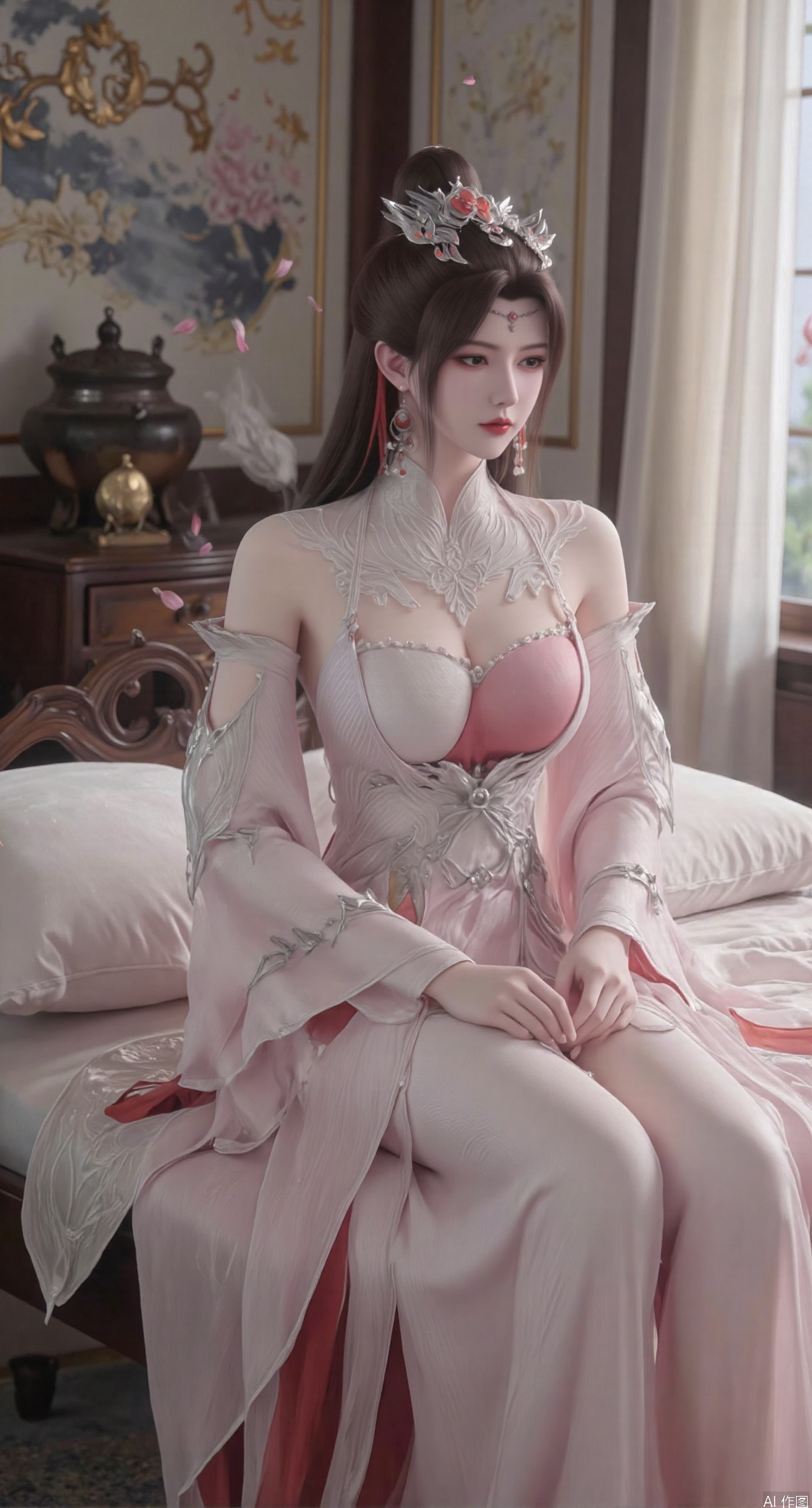 (masterpiece, best quality:1.2),Ancient Chinese boudoir scene, long Hanfu dress ,sitting sideways on an intricately carved wooden bed, soft natural light filtering through sheer silk curtains, satin bedding with delicate sheen, detailed traditional Chinese Gongbi painting style, subtle celadon color palette, background featuring vintage dressing table and embroidered screen, falling plum blossom petals near window and wispy smoke from bronze incense burner, 8K resolution with intricate fabric draping and wood grain textures,,(huge breasts:2.99),(full breasts:2.99),XtianqiongY,XliumeiY