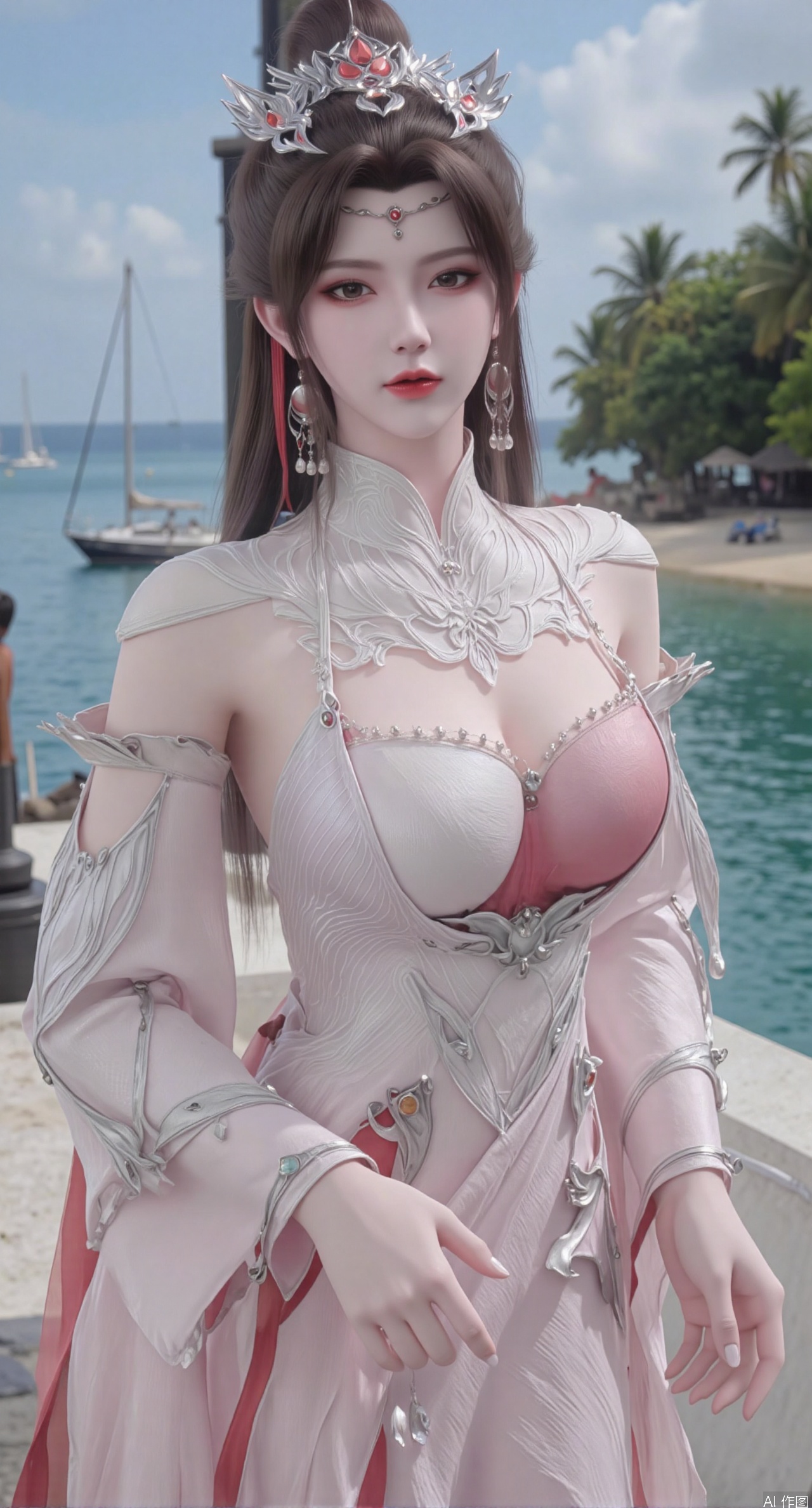 SFW,(masterpiece:1.2),best quality,absurdres,masterpiece,original,extremely detailed wallpaper,perfect lighting,1girl,solo,looking at viewer,(cowboy_shot:1.3),long hair,high heels,blurry background,depth of field,motion blur,(long dress:1.23),china_dress,chinese_style,bare shouders,crystal_earrings,headpiece,hair_tie,chest_jewel,gem,necklace,jewelry,in summer,day,outdoors,nature,garden,,(standing,Seaside, beach, sailboat, coconut trees:1.59),(huge breasts:2.99),(full breasts:2.99),XliumeiY,XtianqiongY